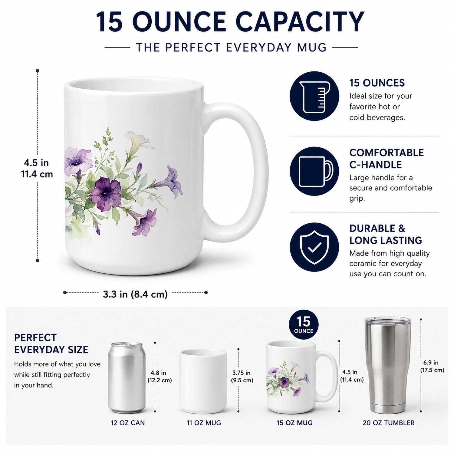 Petunias Ceramic Coffee Mug 15 oz Decorative Large C Handle Mug Cup for Tea, Cocoa Hot Chocolate
