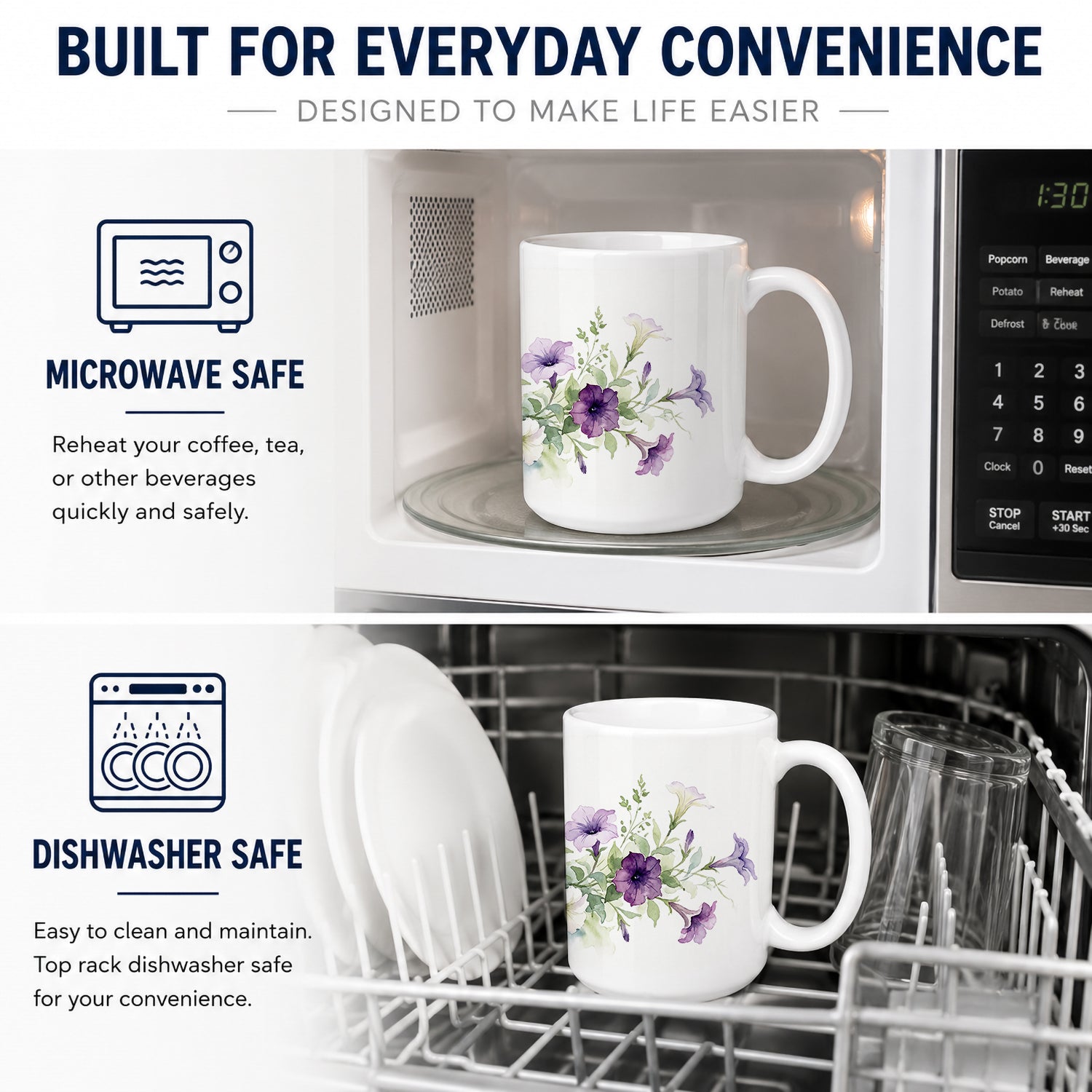 Petunias Ceramic Coffee Mug 15 oz Decorative Large C Handle Mug Cup for Tea, Cocoa Hot Chocolate