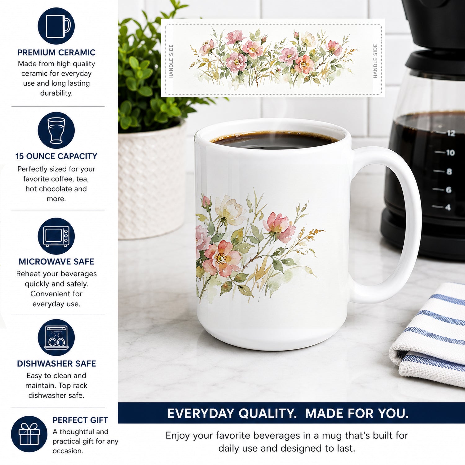 Prairie Roses Ceramic Coffee Mug 15 oz Decorative Large C Handle Mug Cup for Tea, Cocoa Hot Chocolate