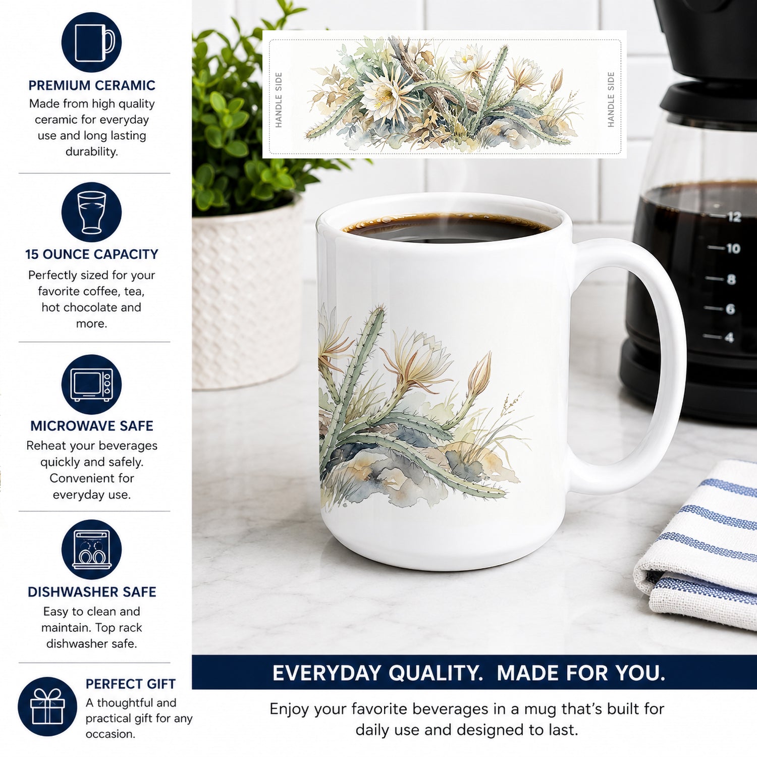 Queen of the Night Cactus Ceramic Coffee Mug 15 oz Decorative Large C Handle Mug Cup for Tea, Cocoa Hot Chocolate
