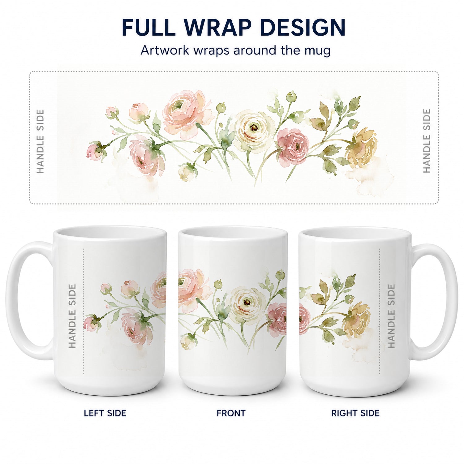 Ranunculus Ceramic Coffee Mug 15 oz Decorative Large C Handle Mug Cup for Tea, Cocoa Hot Chocolate
