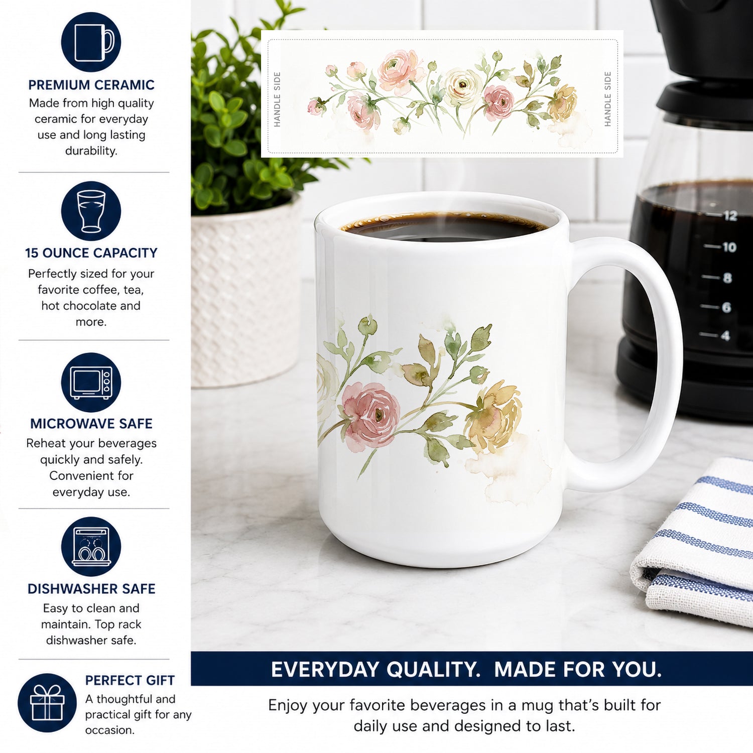 Ranunculus Ceramic Coffee Mug 15 oz Decorative Large C Handle Mug Cup for Tea, Cocoa Hot Chocolate