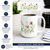 Red Clover Ceramic Coffee Mug 15 oz Decorative Large C Handle Mug Cup for Tea, Cocoa Hot Chocolate