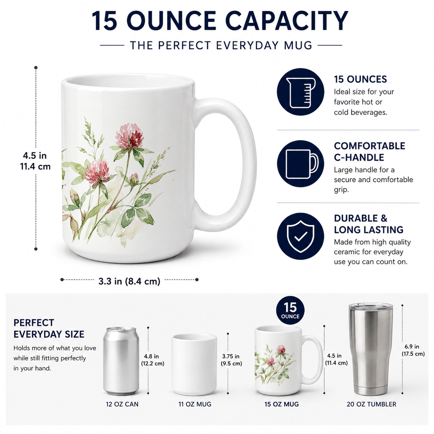 Red Clover Ceramic Coffee Mug 15 oz Decorative Large C Handle Mug Cup for Tea, Cocoa Hot Chocolate