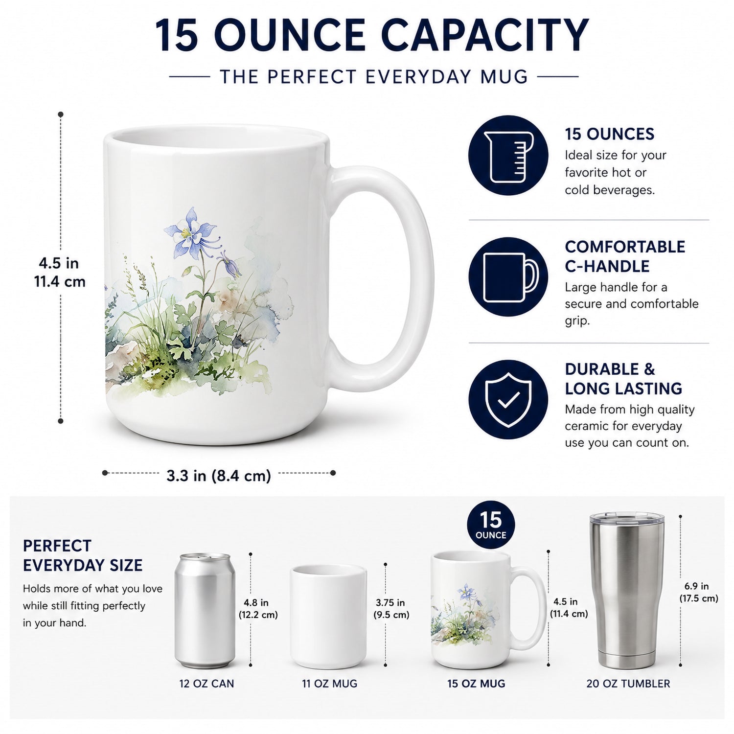 Rocky Mountain Columbine Ceramic Coffee Mug 15 oz Decorative Large C Handle Mug Cup for Tea, Cocoa Hot Chocolate