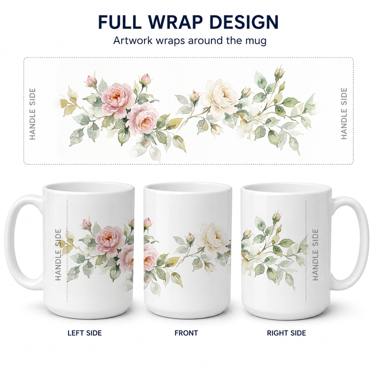 Roses Ceramic Coffee Mug 15 oz Decorative Large C Handle Mug Cup for Tea, Cocoa Hot Chocolate
