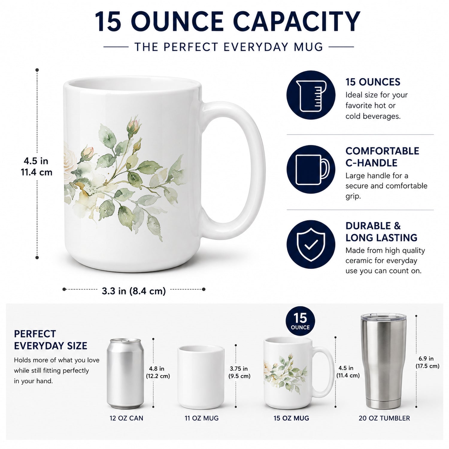 Roses Ceramic Coffee Mug 15 oz Decorative Large C Handle Mug Cup for Tea, Cocoa Hot Chocolate