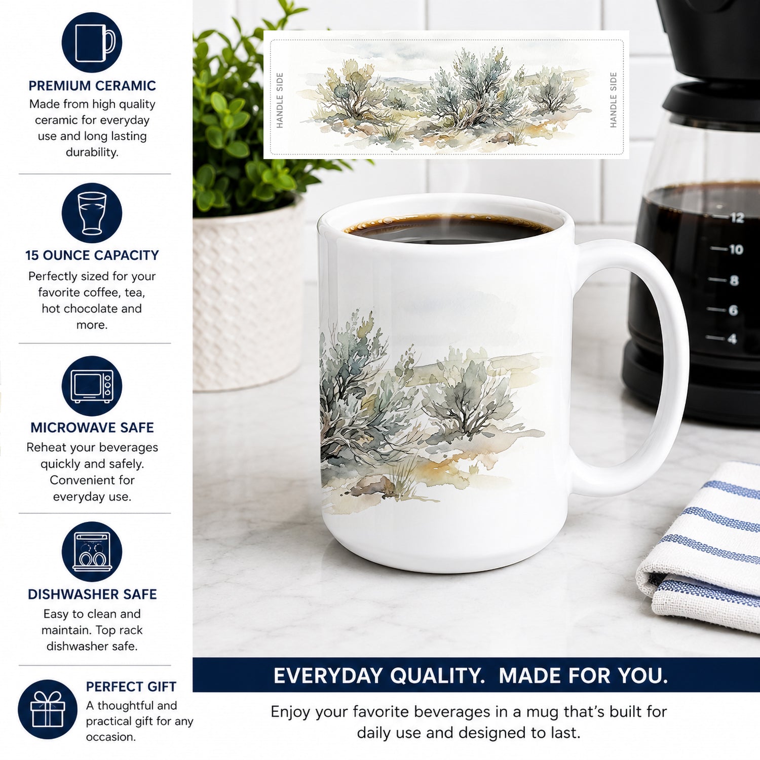 Sagebrush Ceramic Coffee Mug 15 oz Decorative Large C Handle Mug Cup for Tea, Cocoa Hot Chocolate