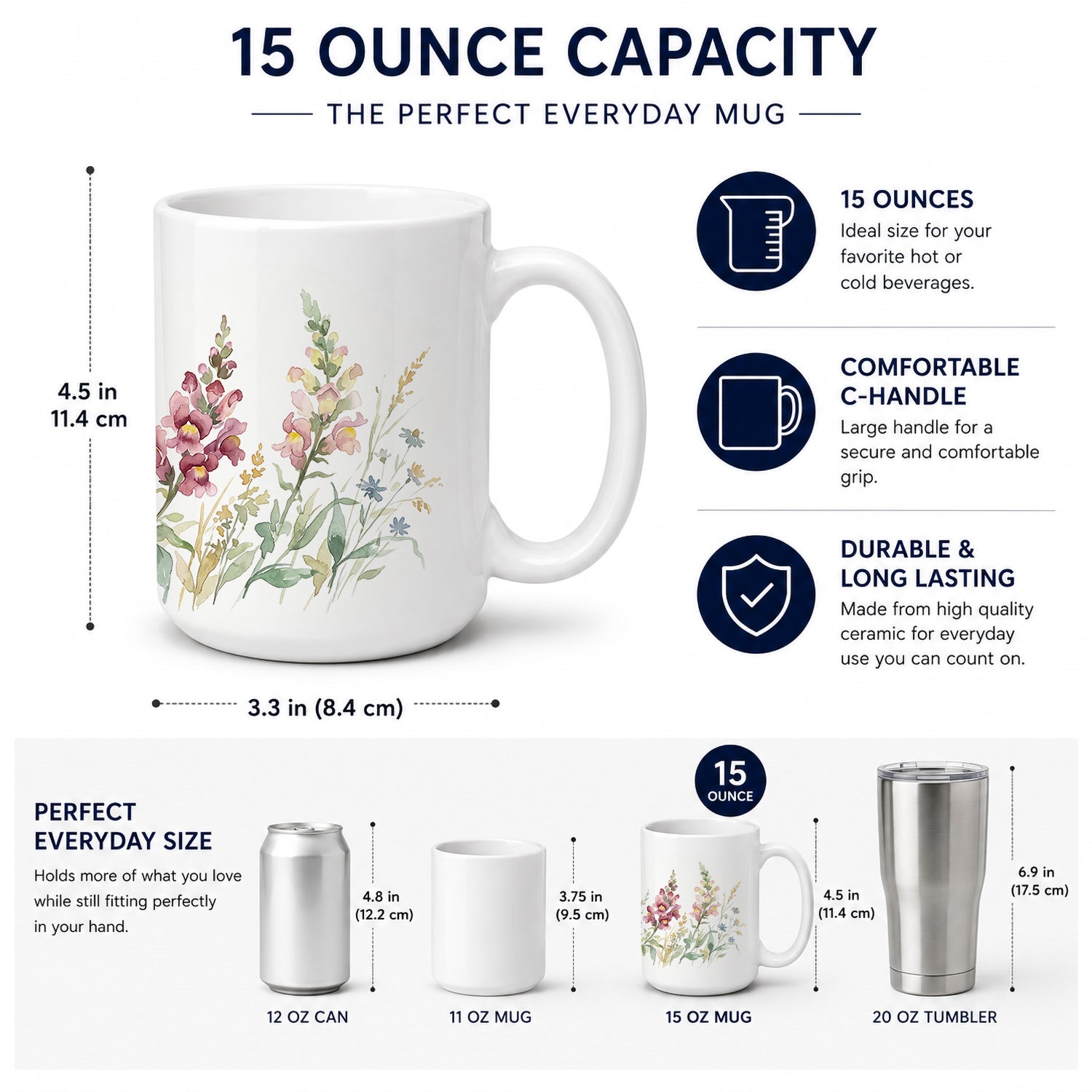 Snapdragon Ceramic Coffee Mug 15 oz Decorative Large C Handle Mug Cup for Tea, Cocoa Hot Chocolate