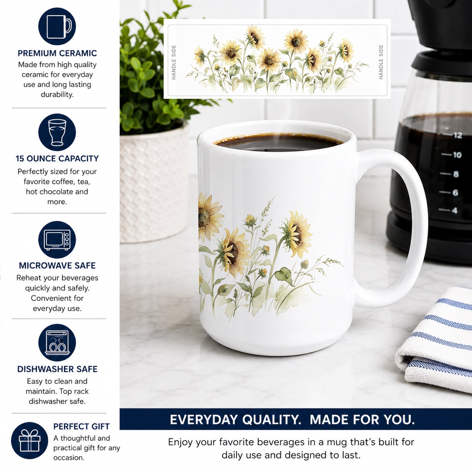 Sunflowers Ceramic Coffee Mug 15 oz Decorative Large C Handle Mug Cup for Tea, Cocoa Hot Chocolate