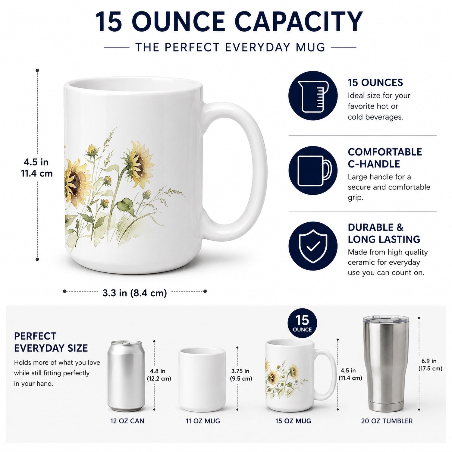 Sunflowers Ceramic Coffee Mug 15 oz Decorative Large C Handle Mug Cup for Tea, Cocoa Hot Chocolate