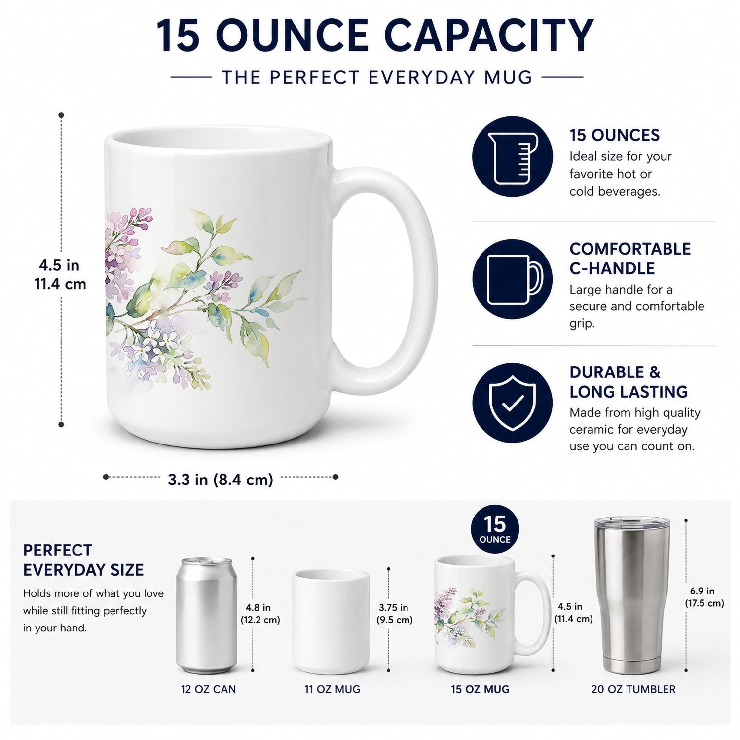 Syringa Ceramic Coffee Mug 15 oz Decorative Large C Handle Mug Cup for Tea, Cocoa Hot Chocolate