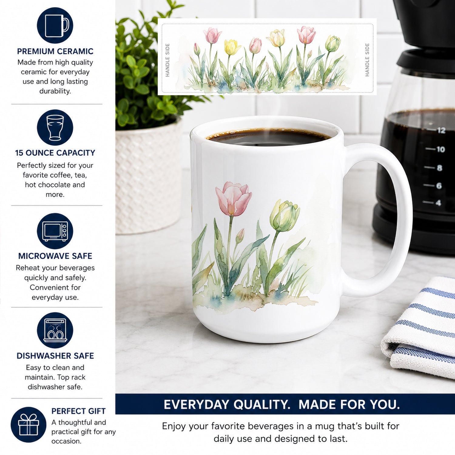 Tulips Ceramic Coffee Mug 15 oz Decorative Large C Handle Mug Cup for Tea, Cocoa Hot Chocolate