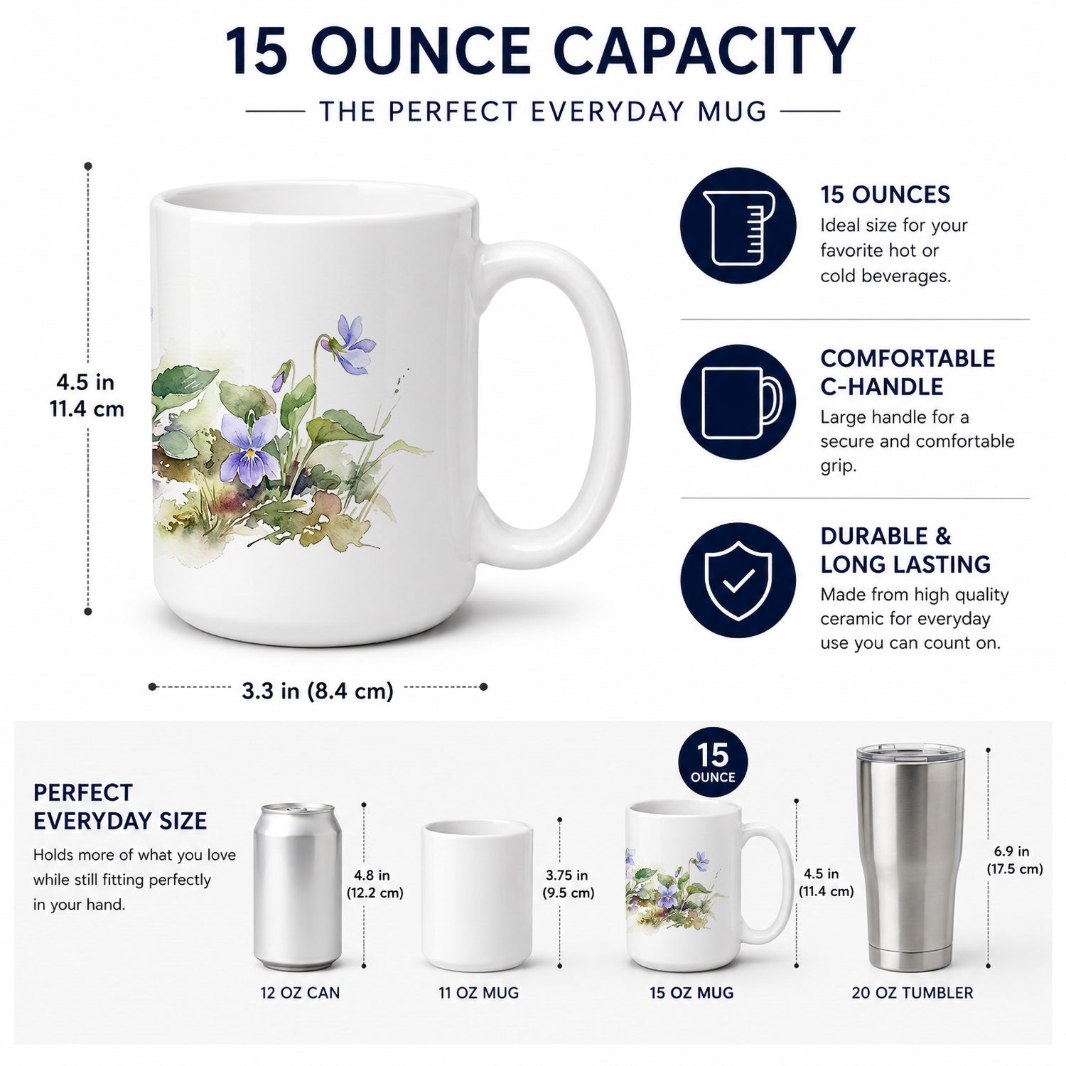 Violets Ceramic Coffee Mug 15 oz Decorative Large C Handle Mug Cup for Tea, Cocoa Hot Chocolate