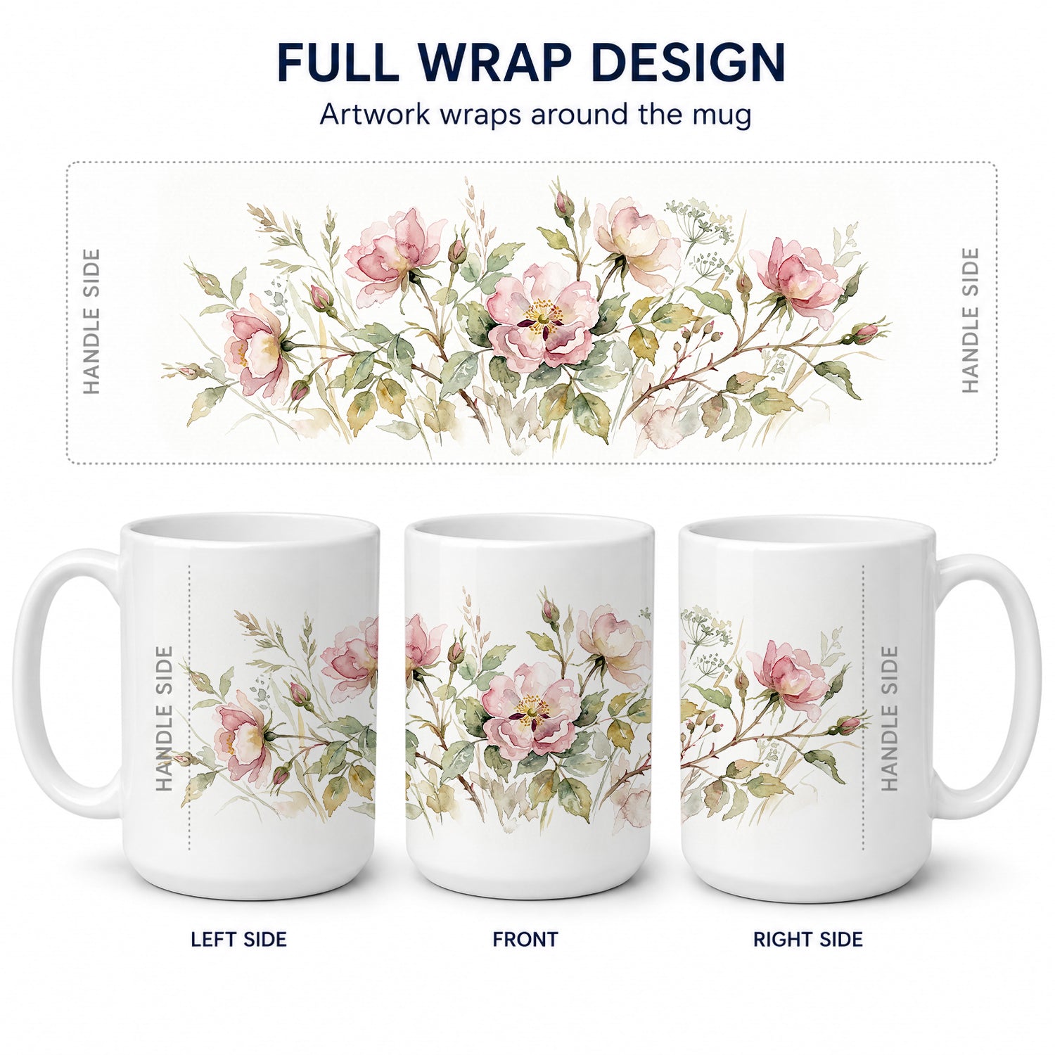 Wild Prairie Roses Ceramic Coffee Mug 15 oz Decorative Large C Handle Mug Cup for Tea, Cocoa Hot Chocolate