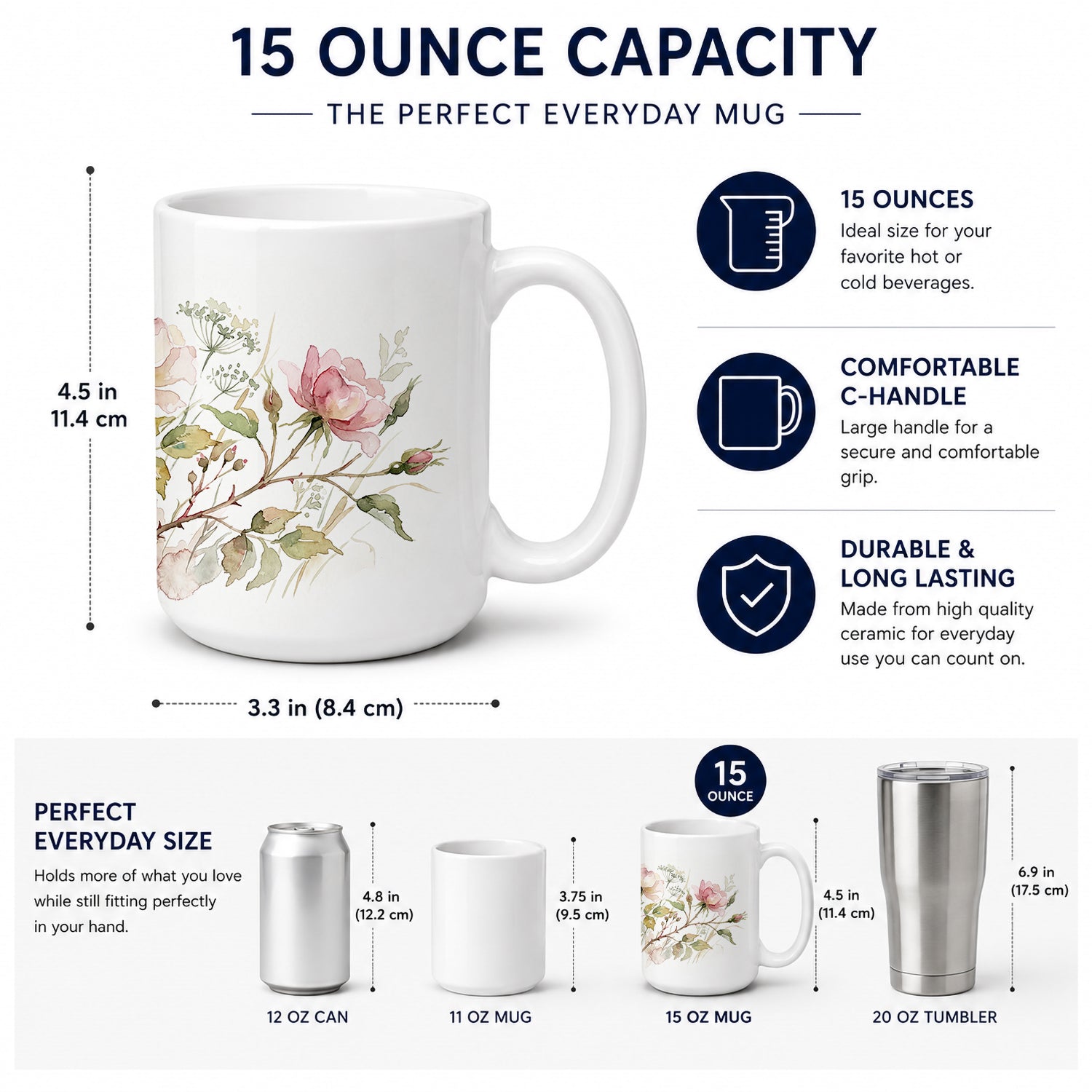 Wild Prairie Roses Ceramic Coffee Mug 15 oz Decorative Large C Handle Mug Cup for Tea, Cocoa Hot Chocolate