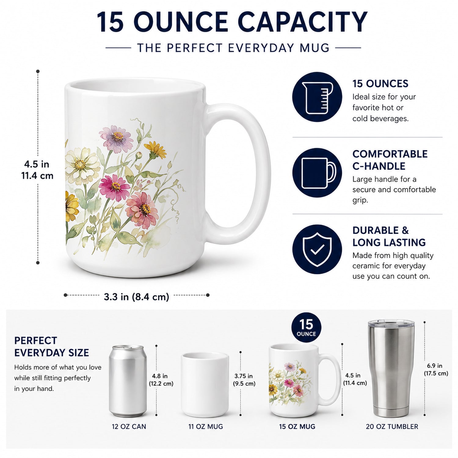 Zinnias Ceramic Coffee Mug 15 oz Decorative Large C Handle Mug Cup for Tea, Cocoa Hot Chocolate