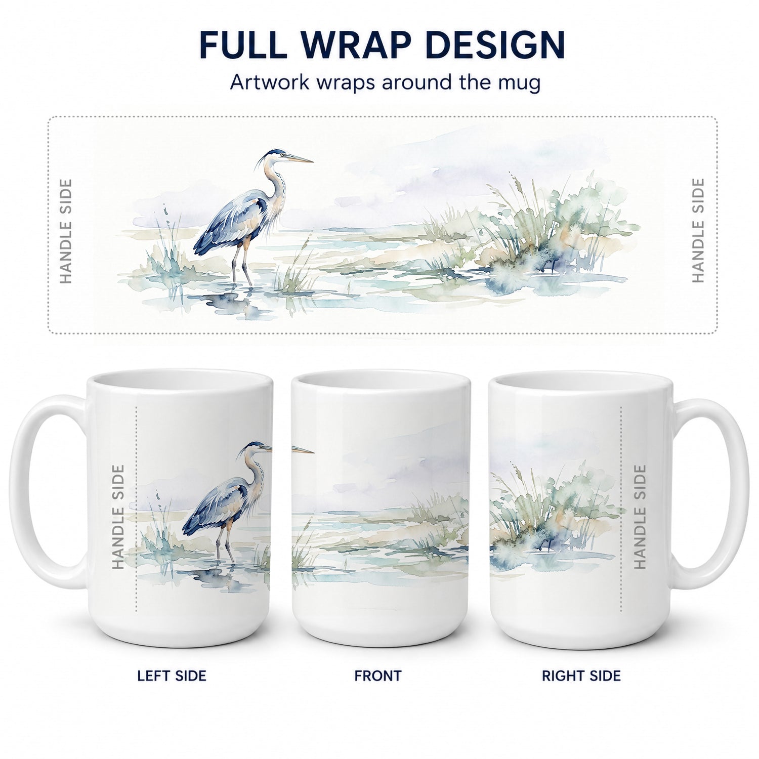 Blue Heron Shoreline Ceramic Coffee Mug 15 oz Decorative Large C Handle Mug Cup for Tea, Cocoa Hot Chocolate