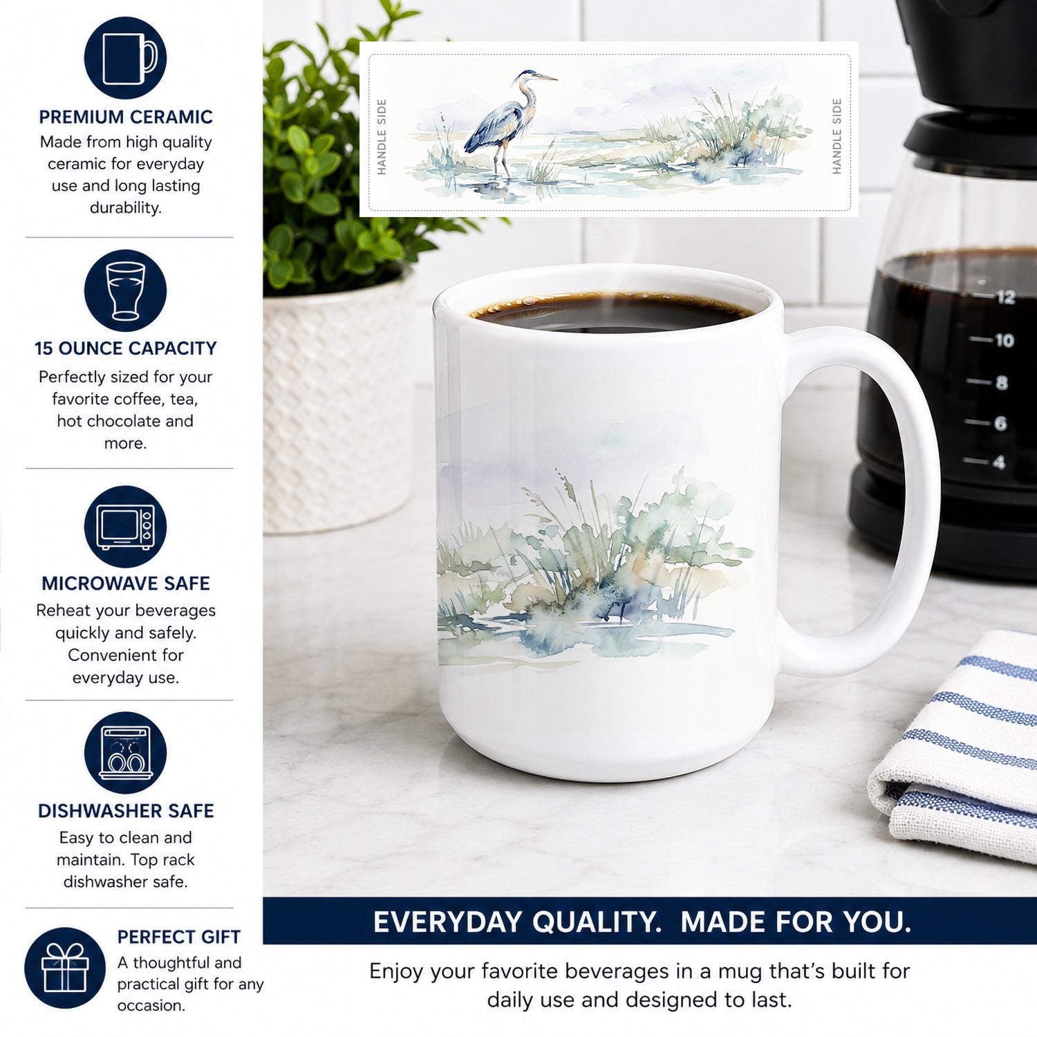 Blue Heron Shoreline Ceramic Coffee Mug 15 oz Decorative Large C Handle Mug Cup for Tea, Cocoa Hot Chocolate