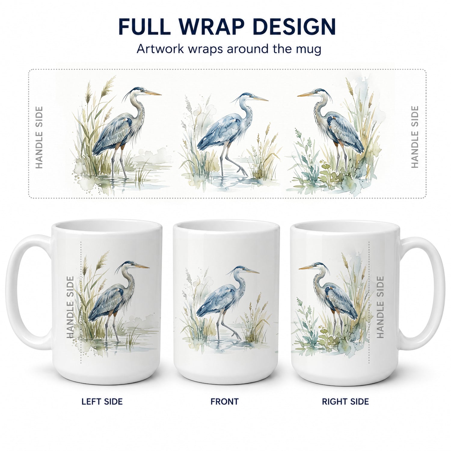 Blue Heron Marsh Ceramic Coffee Mug 15 oz Decorative Large C Handle Mug Cup for Tea, Cocoa Hot Chocolate
