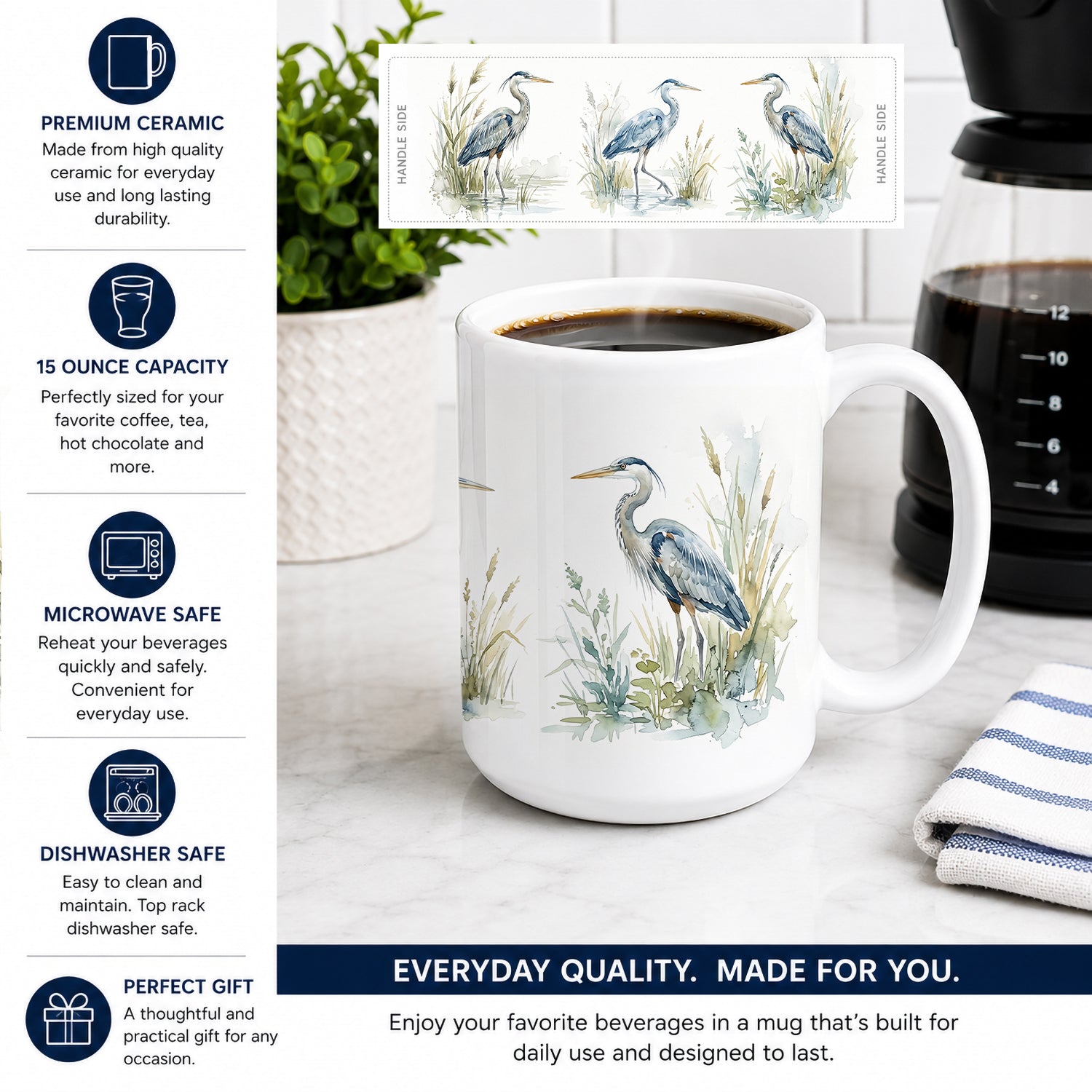 Blue Heron Marsh Ceramic Coffee Mug 15 oz Decorative Large C Handle Mug Cup for Tea, Cocoa Hot Chocolate