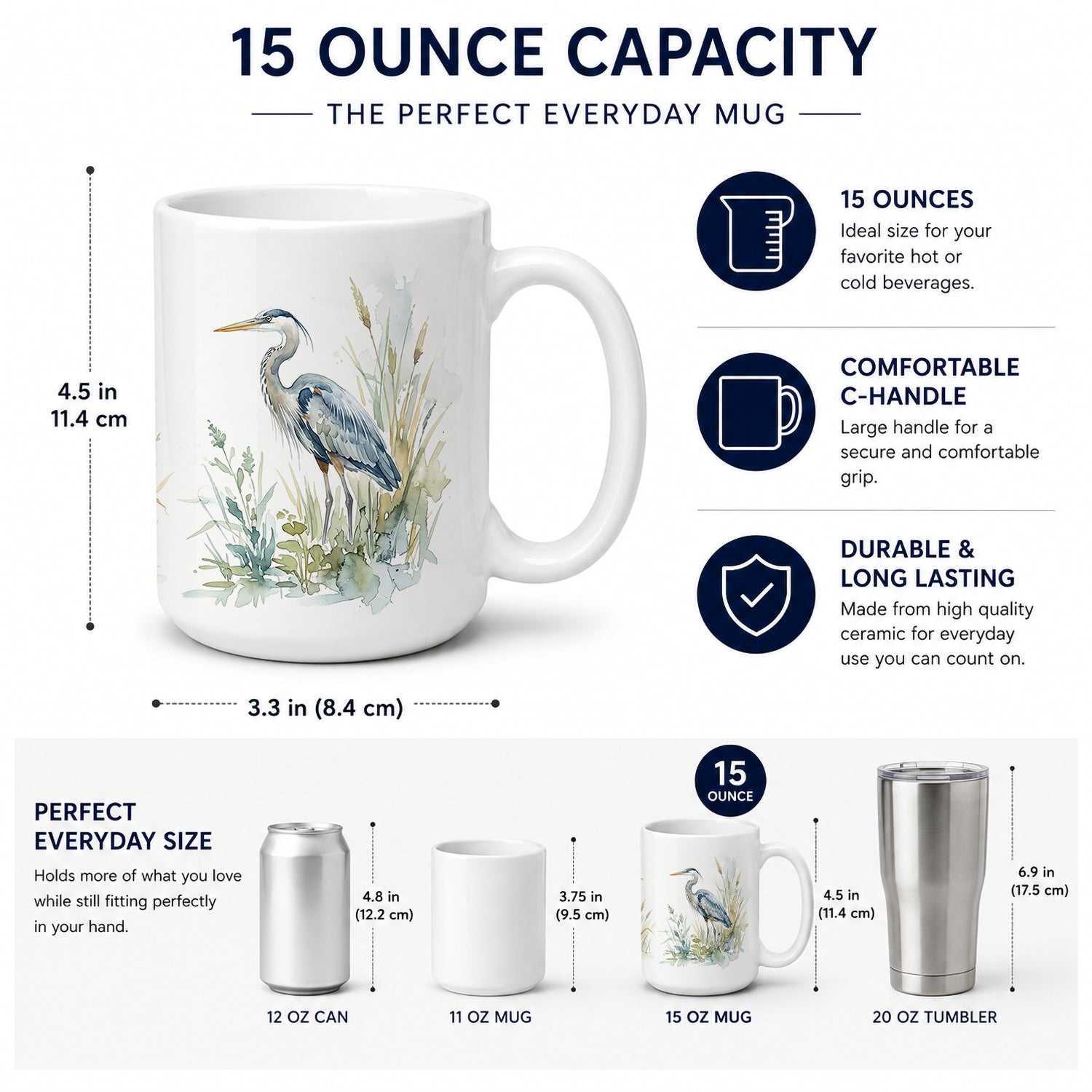 Blue Heron Marsh Ceramic Coffee Mug 15 oz Decorative Large C Handle Mug Cup for Tea, Cocoa Hot Chocolate