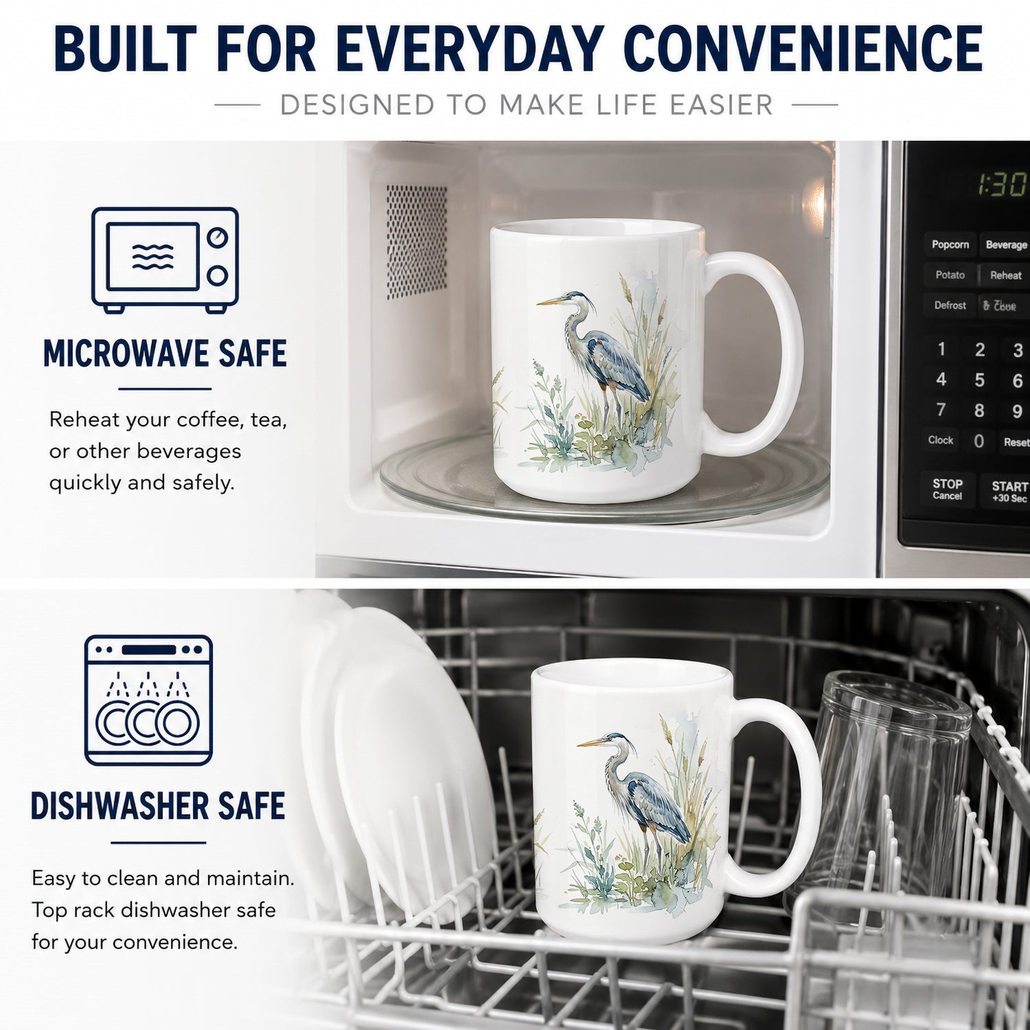 Blue Heron Marsh Ceramic Coffee Mug 15 oz Decorative Large C Handle Mug Cup for Tea, Cocoa Hot Chocolate
