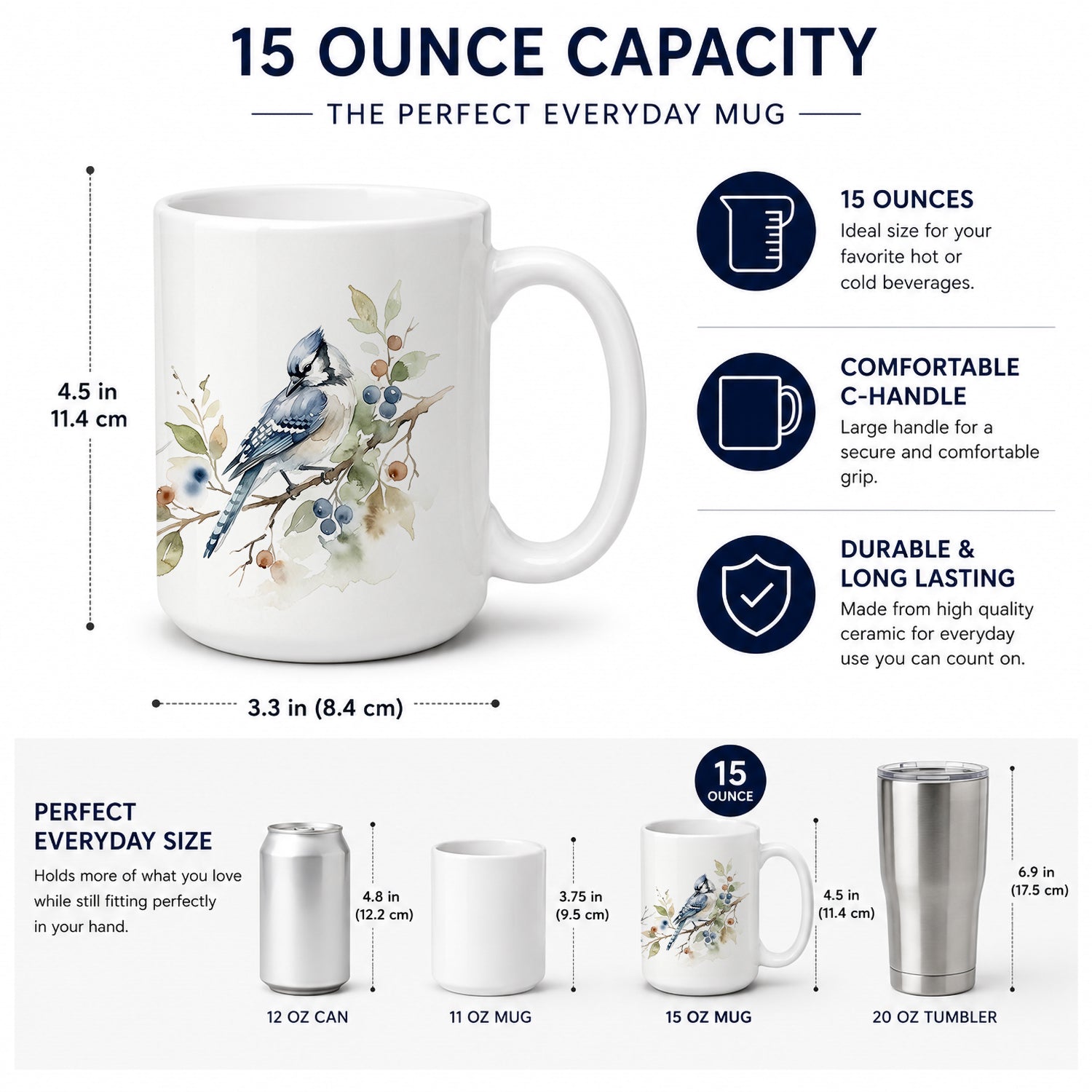 Blue Jay Songbirds Ceramic Coffee Mug 15 oz Decorative Large C Handle Mug Cup for Tea, Cocoa Hot Chocolate
