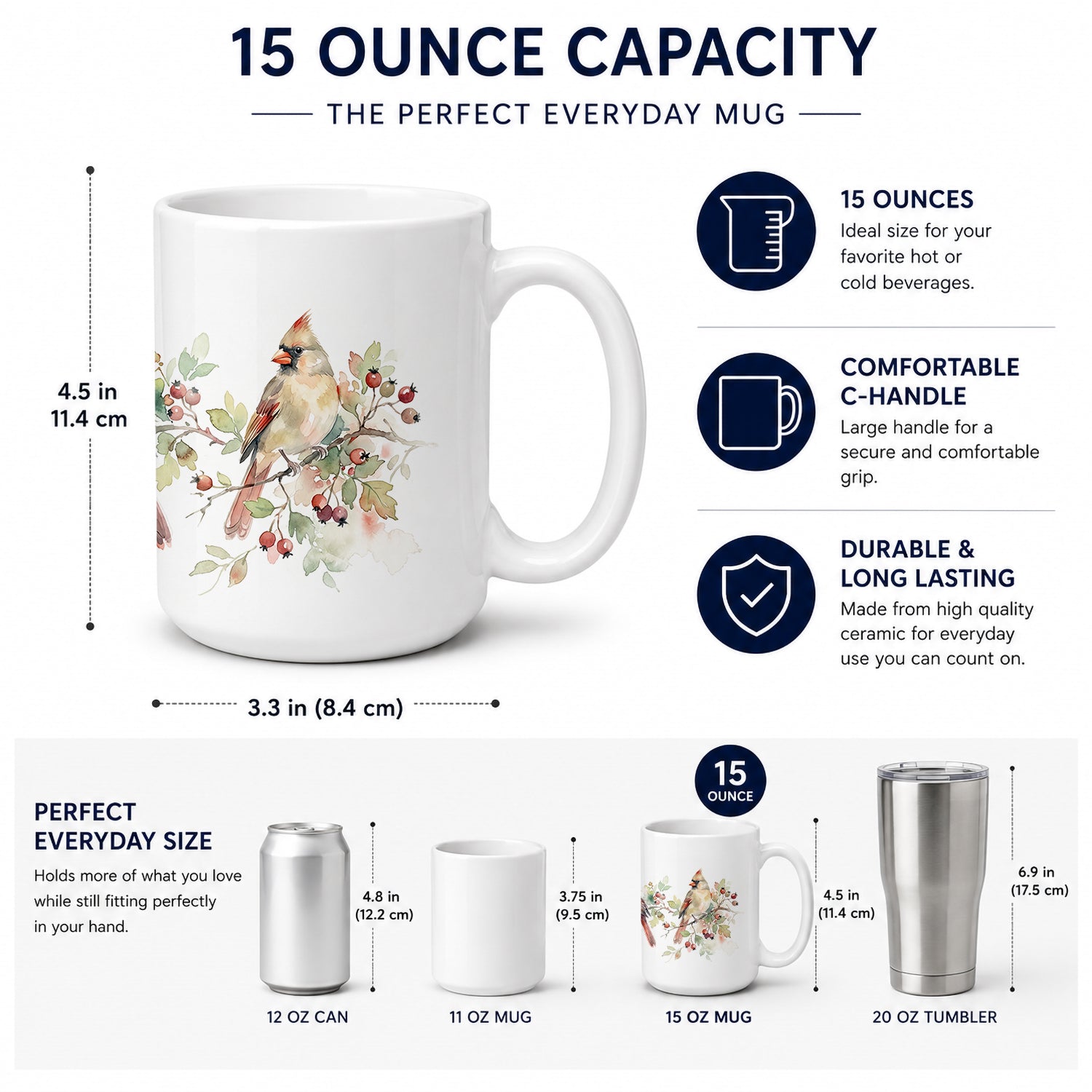 Winter Cardinals Ceramic Coffee Mug 15 oz Decorative Large C Handle Mug Cup for Tea, Cocoa Hot Chocolate