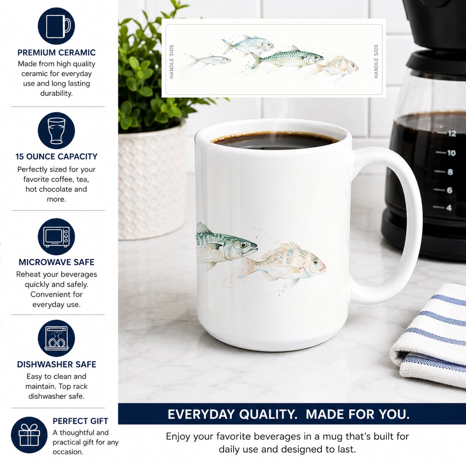 Coastal Game Fish Ceramic Coffee Mug 15 oz Decorative Large C Handle Mug Cup for Tea, Cocoa Hot Chocolate