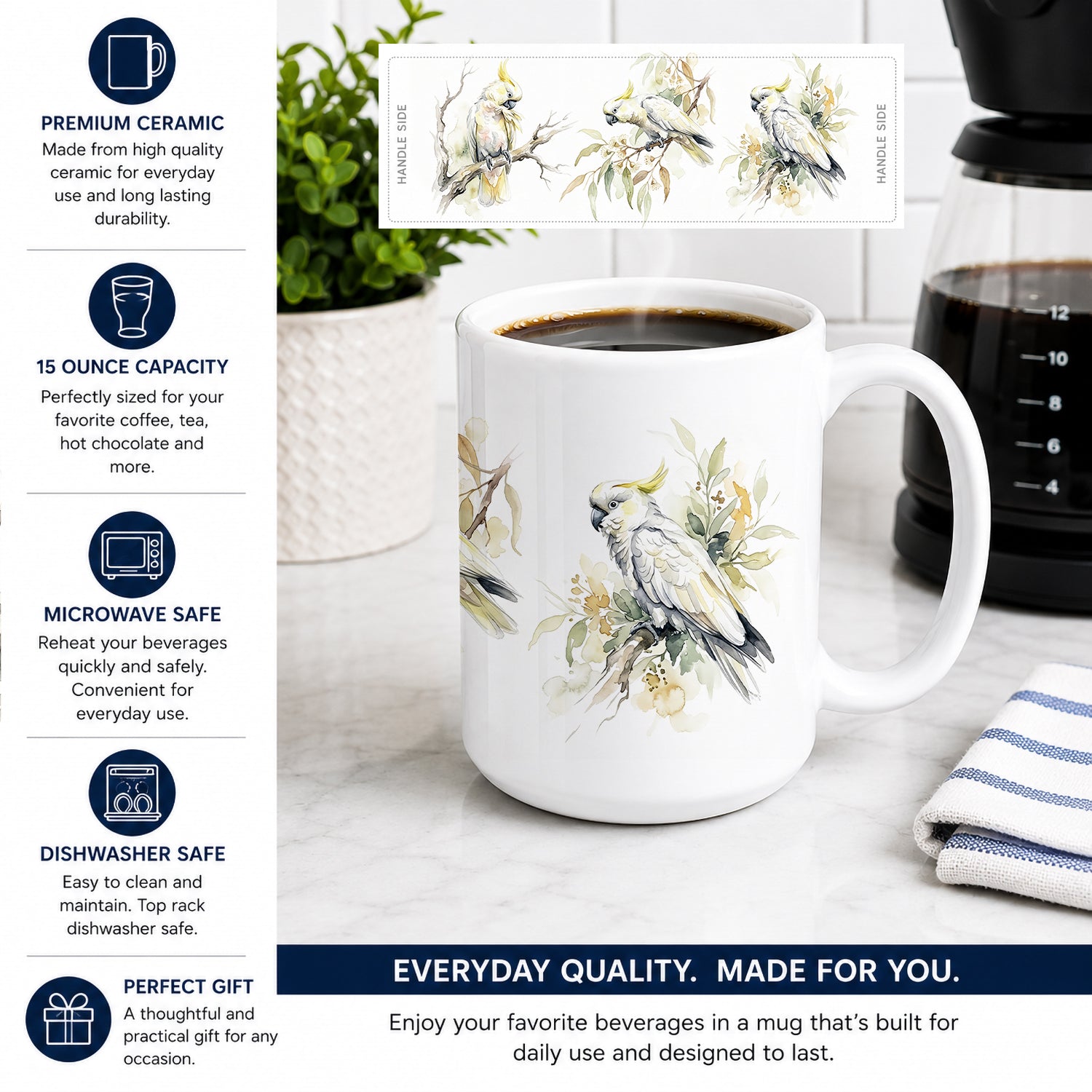 Tropical Cockatoos Ceramic Coffee Mug 15 oz Decorative Large C Handle Mug Cup for Tea, Cocoa Hot Chocolate