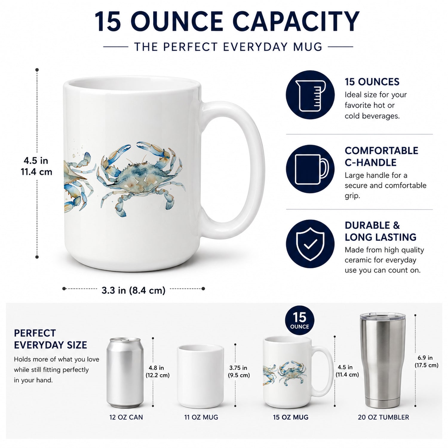 Blue Crab Parade Ceramic Coffee Mug 15 oz Decorative Large C Handle Mug Cup for Tea, Cocoa Hot Chocolate
