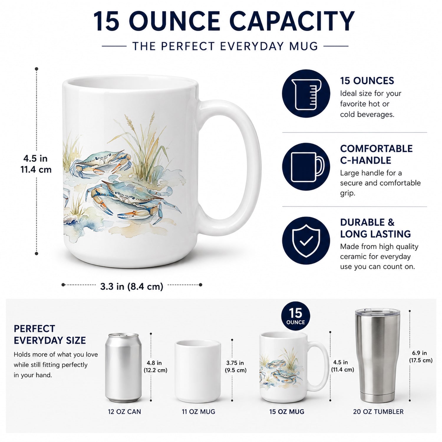 Chesapeake Blue Crabs Ceramic Coffee Mug 15 oz Decorative Large C Handle Mug Cup for Tea, Cocoa Hot Chocolate