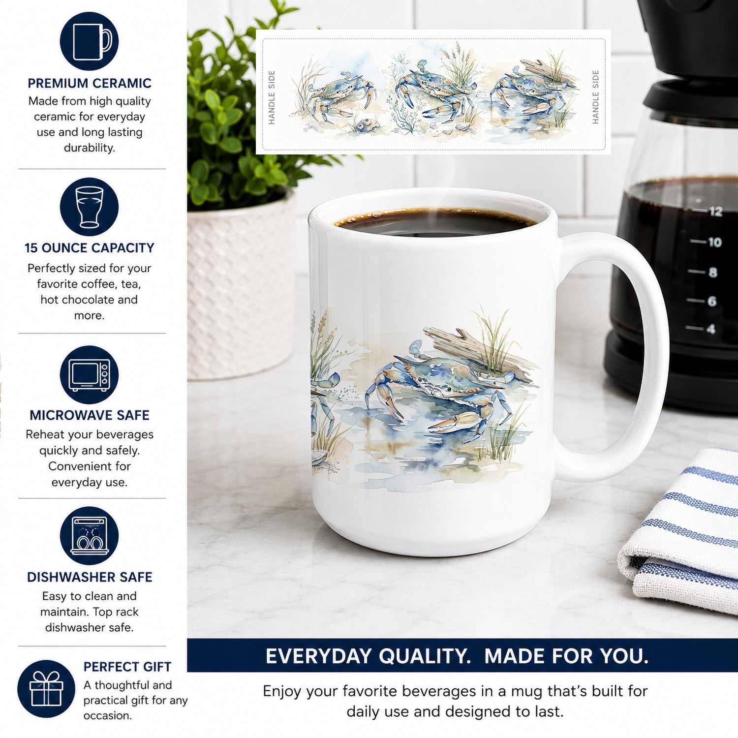 Blue Crab Marsh Ceramic Coffee Mug 15 oz Decorative Large C Handle Mug Cup for Tea, Cocoa Hot Chocolate