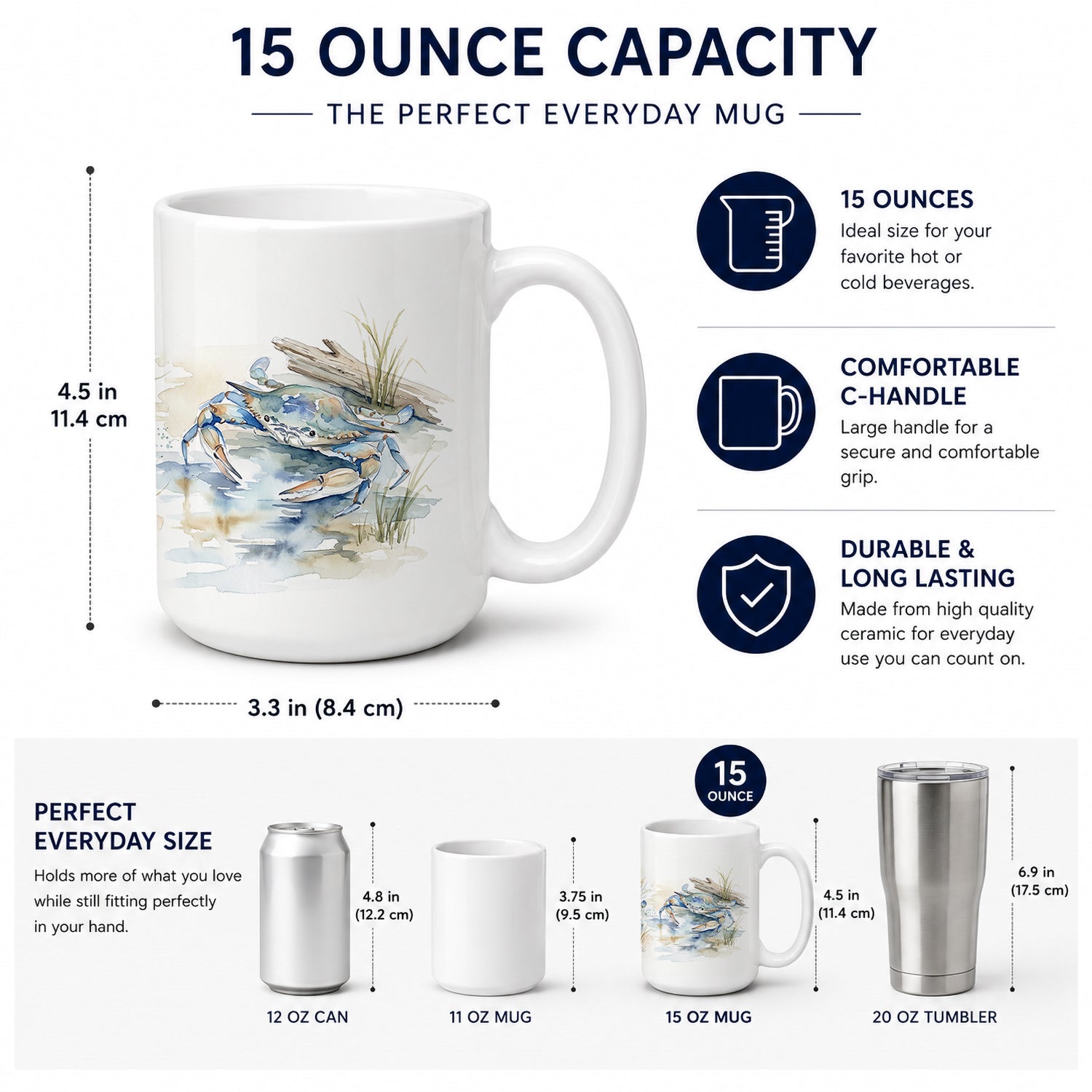 Blue Crab Marsh Ceramic Coffee Mug 15 oz Decorative Large C Handle Mug Cup for Tea, Cocoa Hot Chocolate