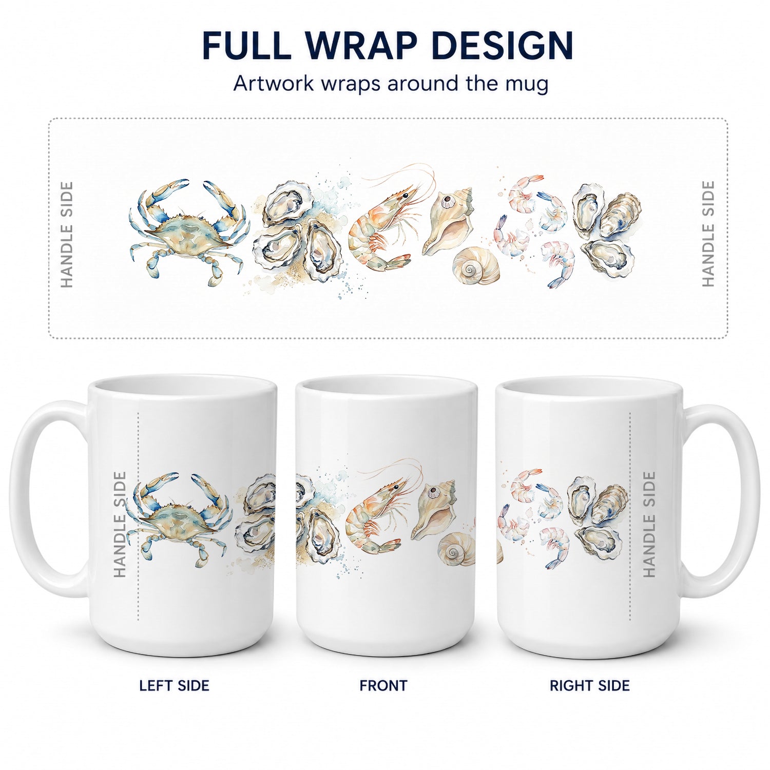 Coastal Seafood Collection Ceramic Coffee Mug 15 oz Decorative Large C Handle Mug Cup for Tea, Cocoa Hot Chocolate