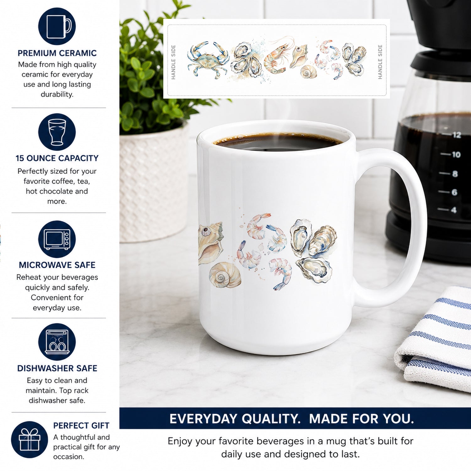 Coastal Seafood Collection Ceramic Coffee Mug 15 oz Decorative Large C Handle Mug Cup for Tea, Cocoa Hot Chocolate