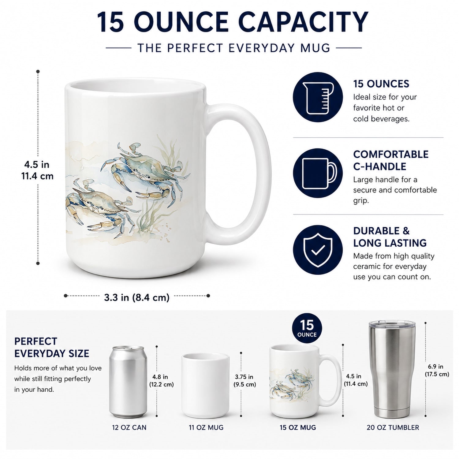 Coastal Crabs Ceramic Coffee Mug 15 oz Decorative Large C Handle Mug Cup for Tea, Cocoa Hot Chocolate