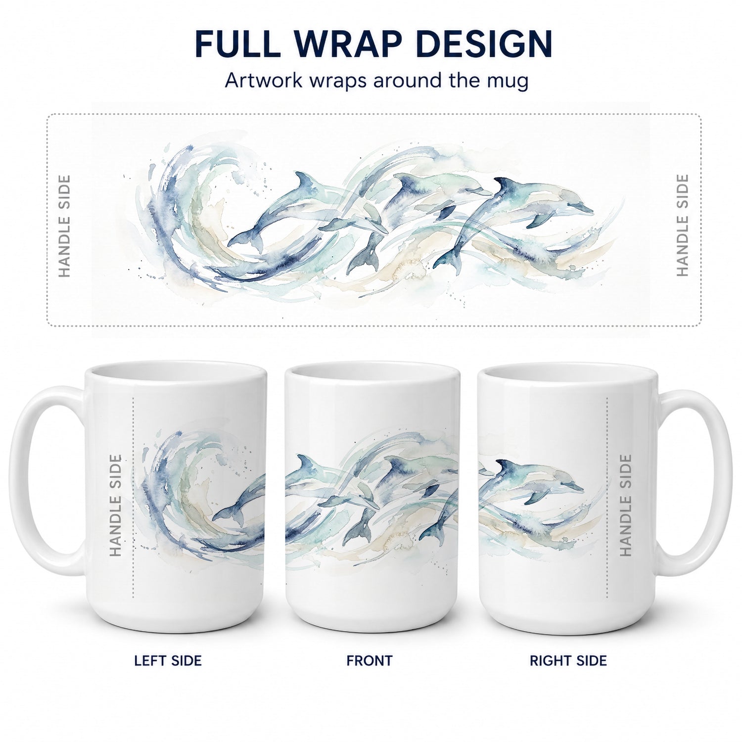 Ocean Dolphins Ceramic Coffee Mug 15 oz Decorative Large C Handle Mug Cup for Tea, Cocoa Hot Chocolate