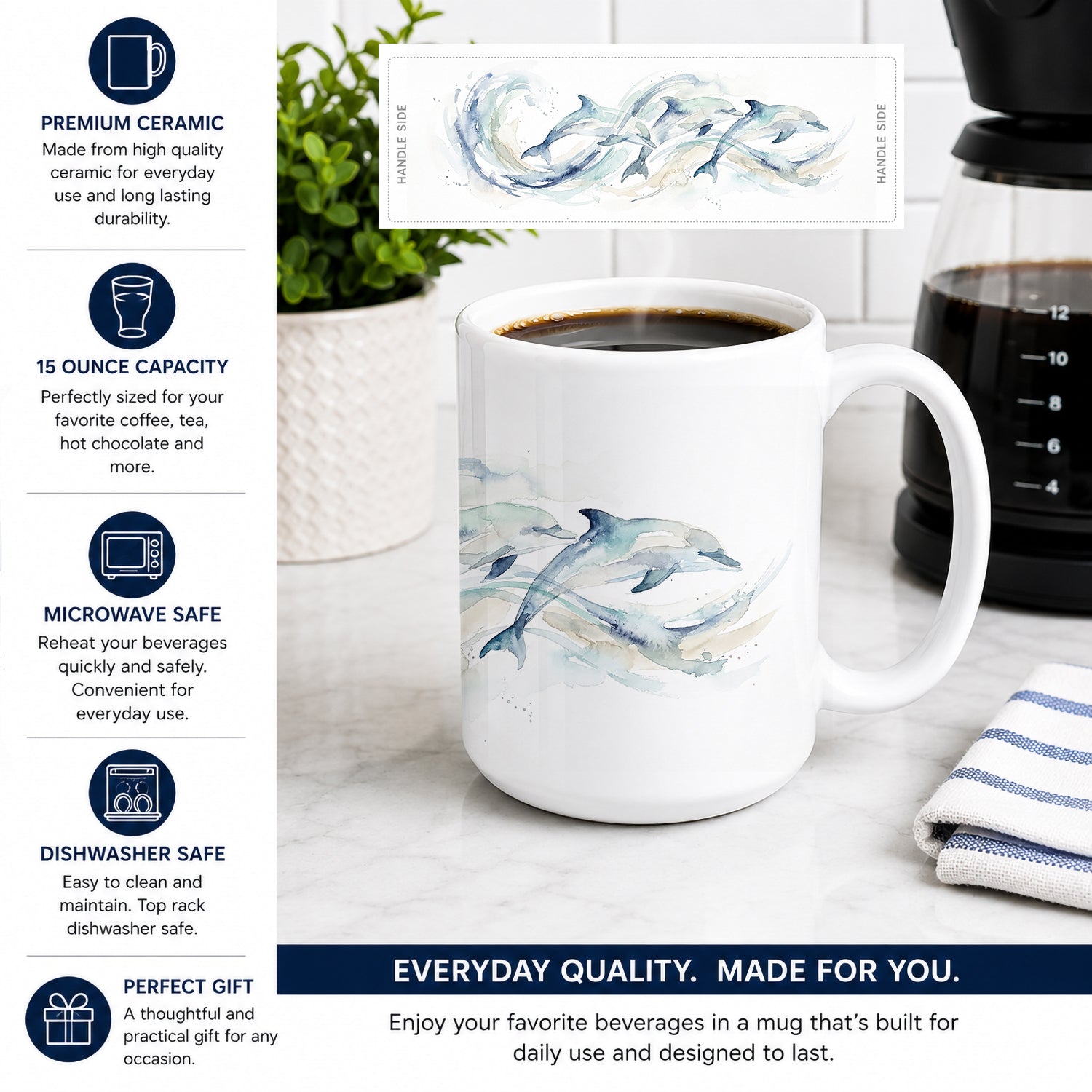 Ocean Dolphins Ceramic Coffee Mug 15 oz Decorative Large C Handle Mug Cup for Tea, Cocoa Hot Chocolate