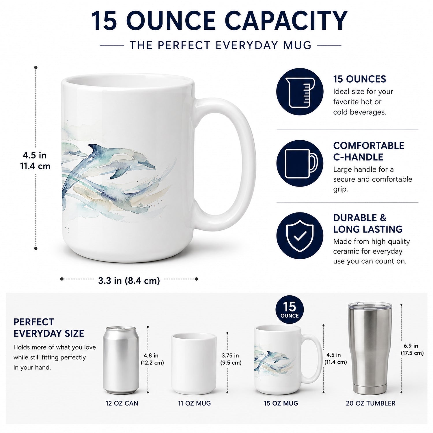 Ocean Dolphins Ceramic Coffee Mug 15 oz Decorative Large C Handle Mug Cup for Tea, Cocoa Hot Chocolate