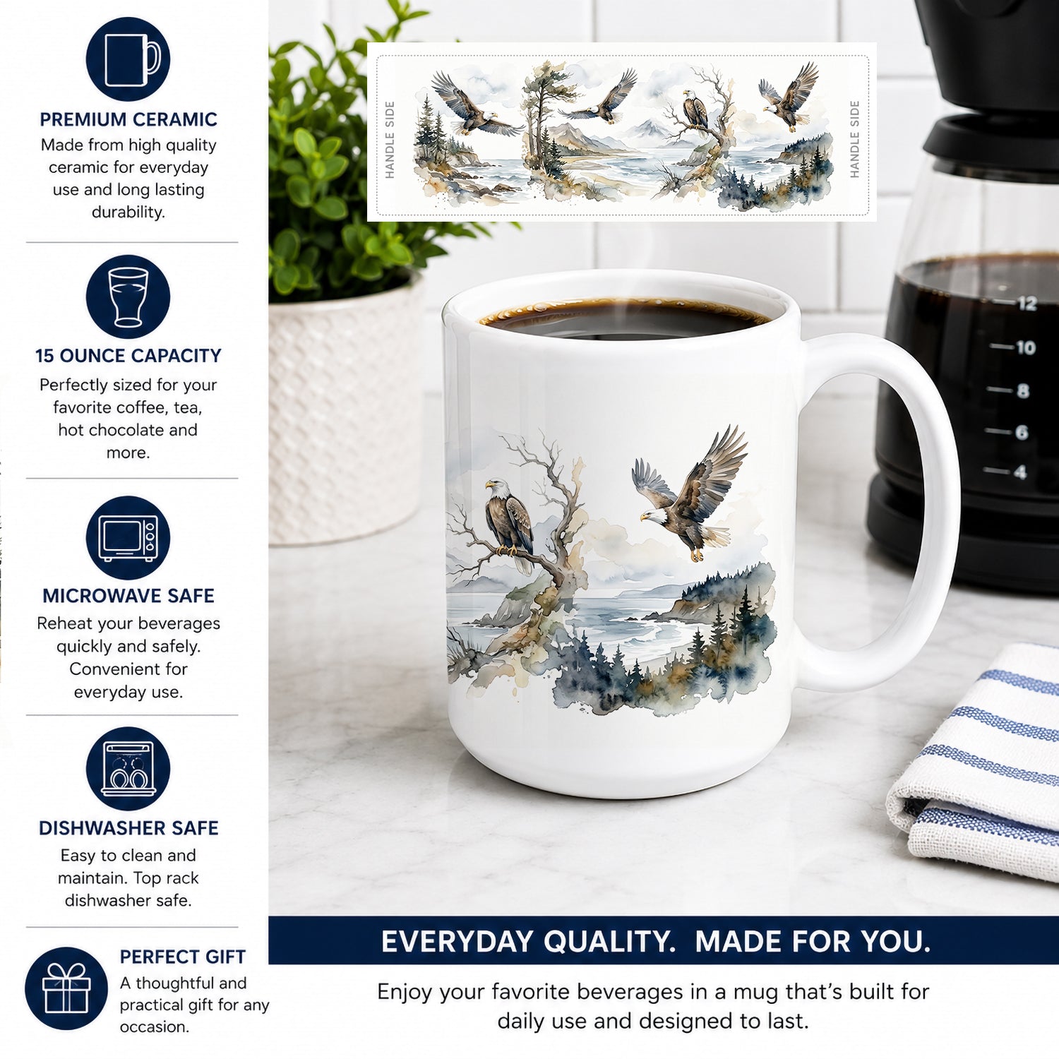Soaring Eagles Ceramic Coffee Mug 15 oz Decorative Large C Handle Mug Cup for Tea, Cocoa Hot Chocolate
