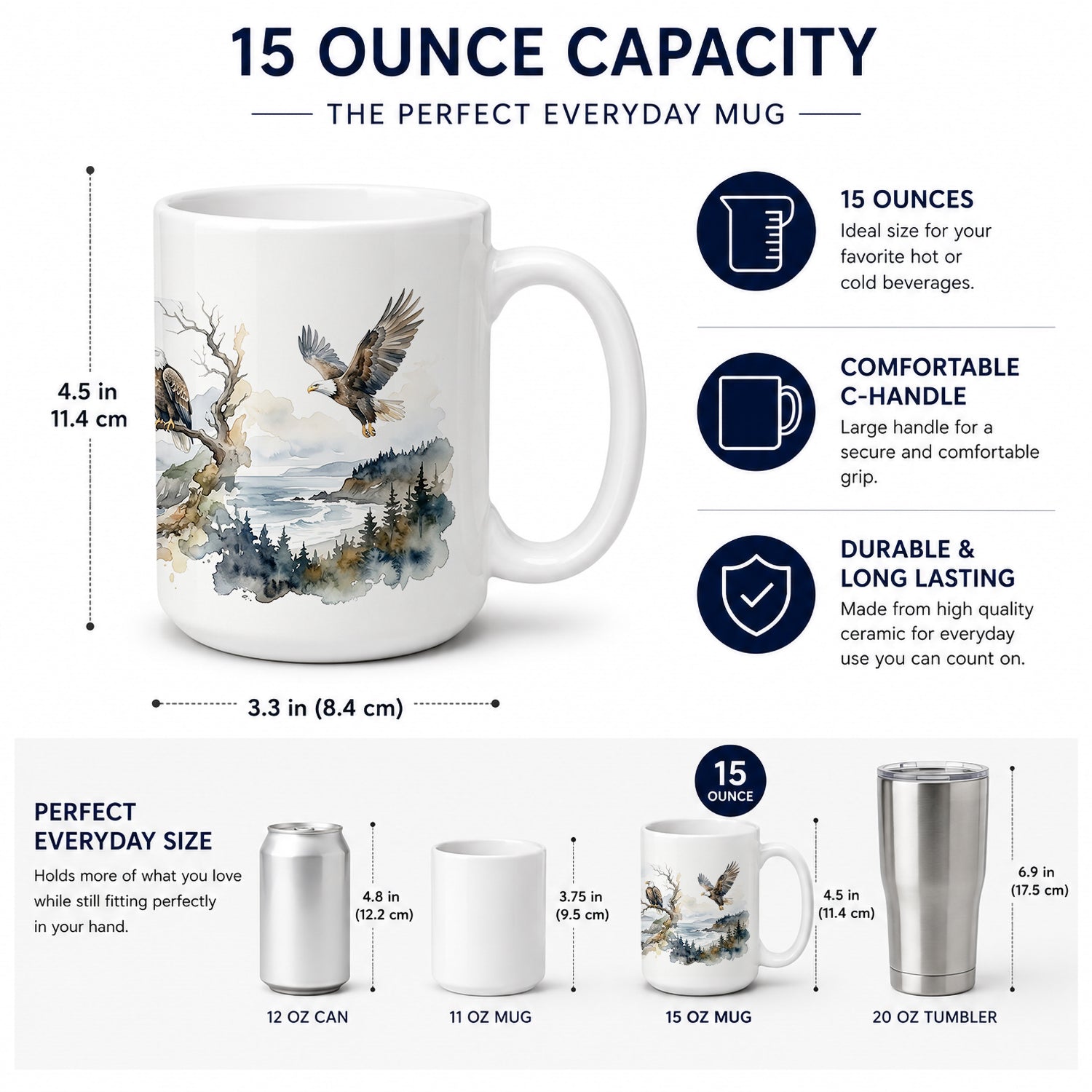 Soaring Eagles Ceramic Coffee Mug 15 oz Decorative Large C Handle Mug Cup for Tea, Cocoa Hot Chocolate