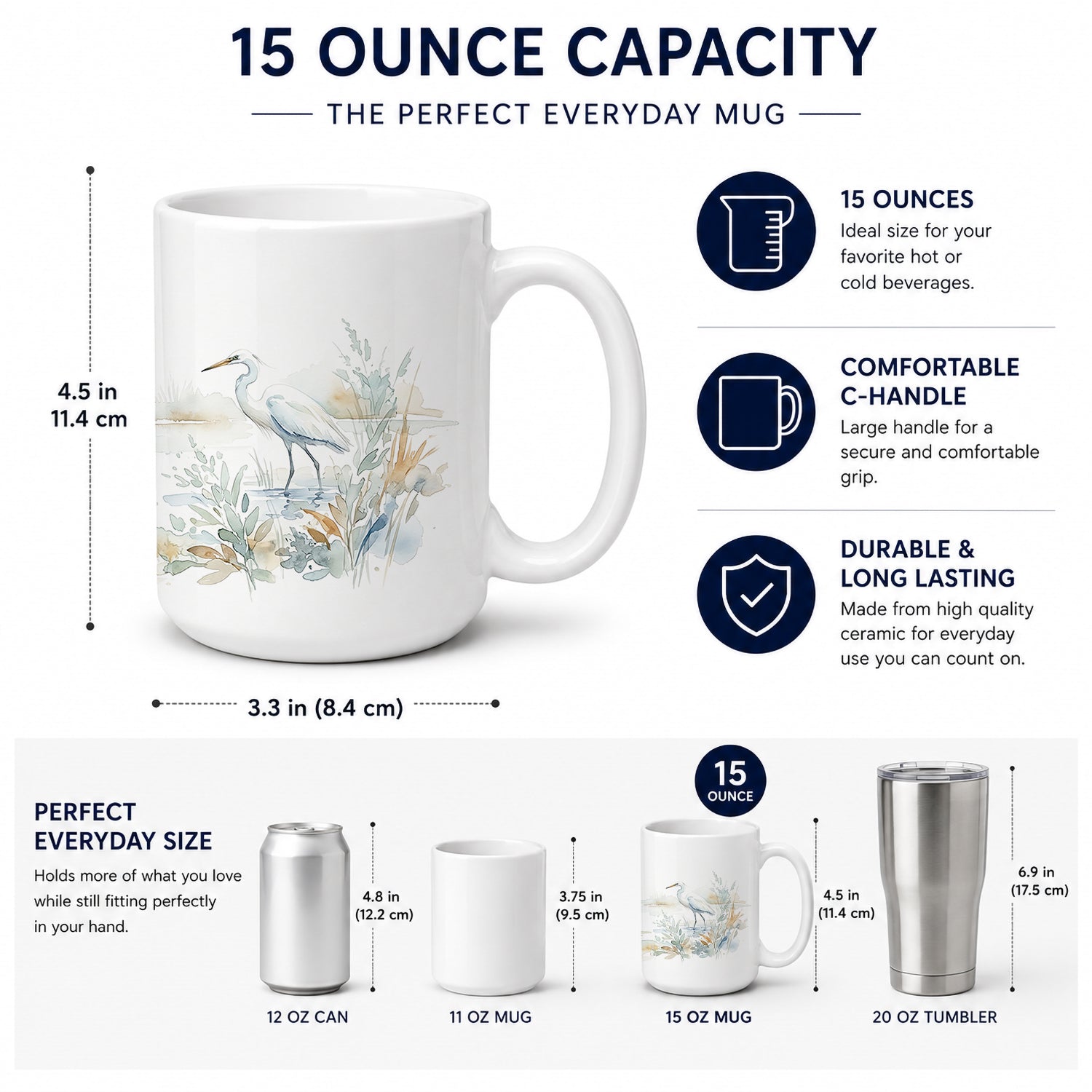 Coastal Egrets Ceramic Coffee Mug 15 oz Decorative Large C Handle Mug Cup for Tea, Cocoa Hot Chocolate