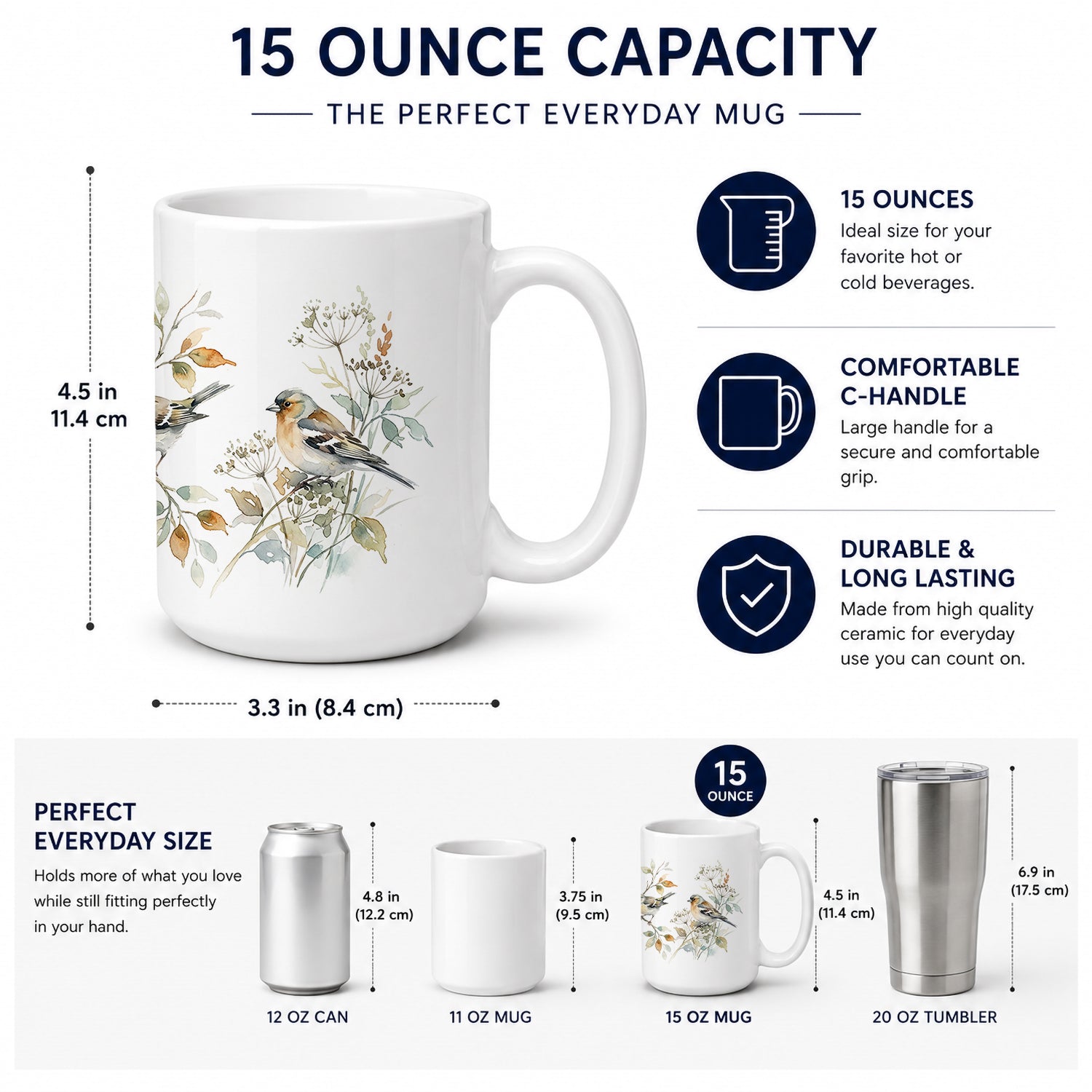 Garden Finches Ceramic Coffee Mug 15 oz Decorative Large C Handle Mug Cup for Tea, Cocoa Hot Chocolate