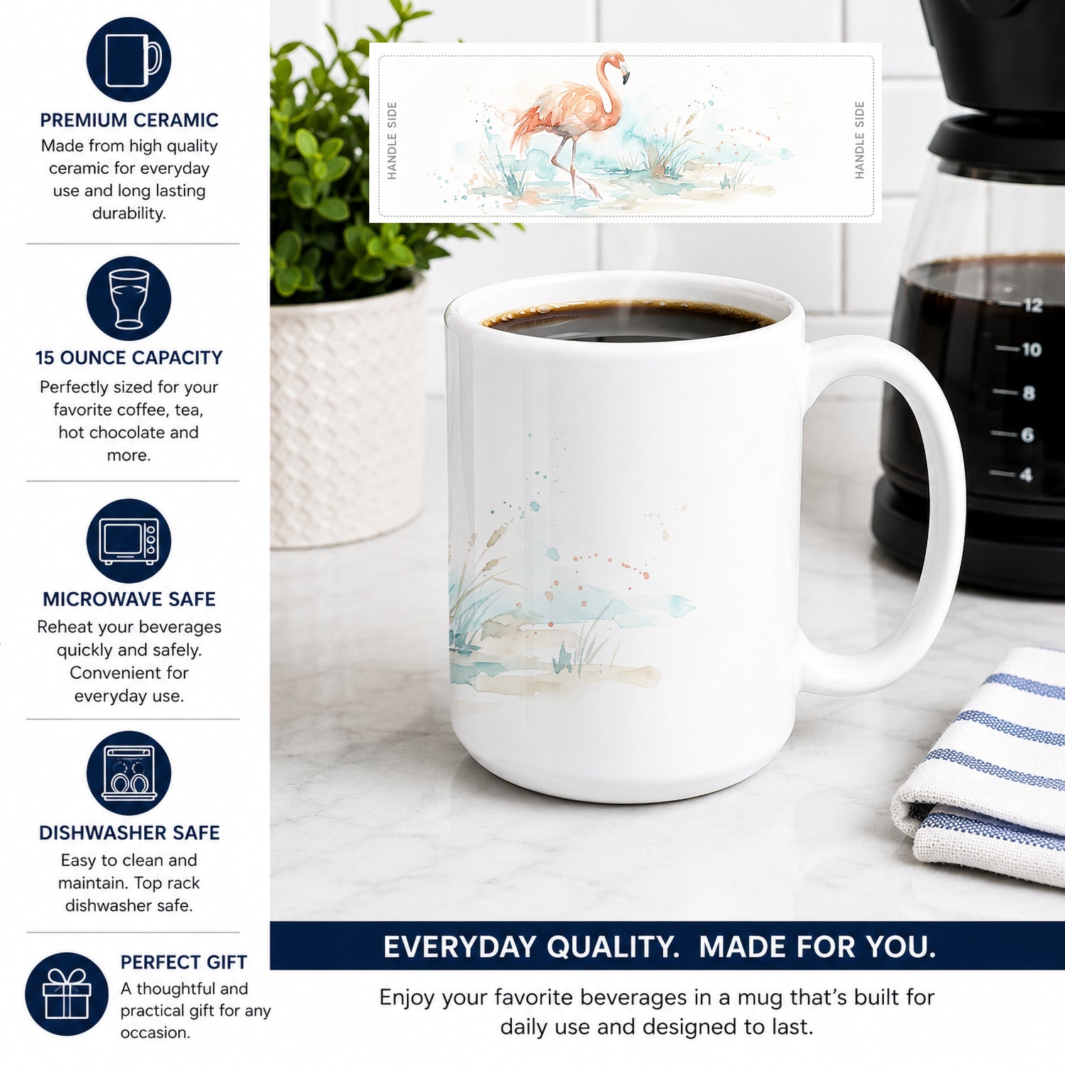 Flamingo Reflections Ceramic Coffee Mug 15 oz Decorative Large C Handle Mug Cup for Tea, Cocoa Hot Chocolate
