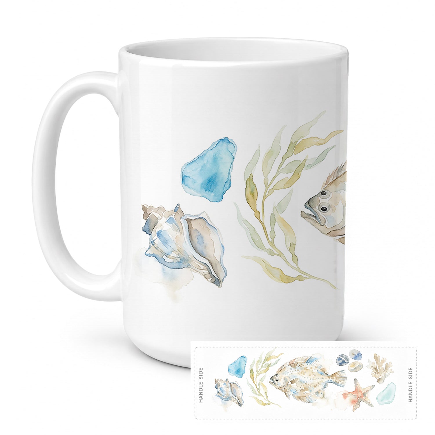 Flounder and Shells Ceramic Coffee Mug 15 oz Decorative Large C Handle Mug Cup for Tea, Cocoa Hot Chocolate