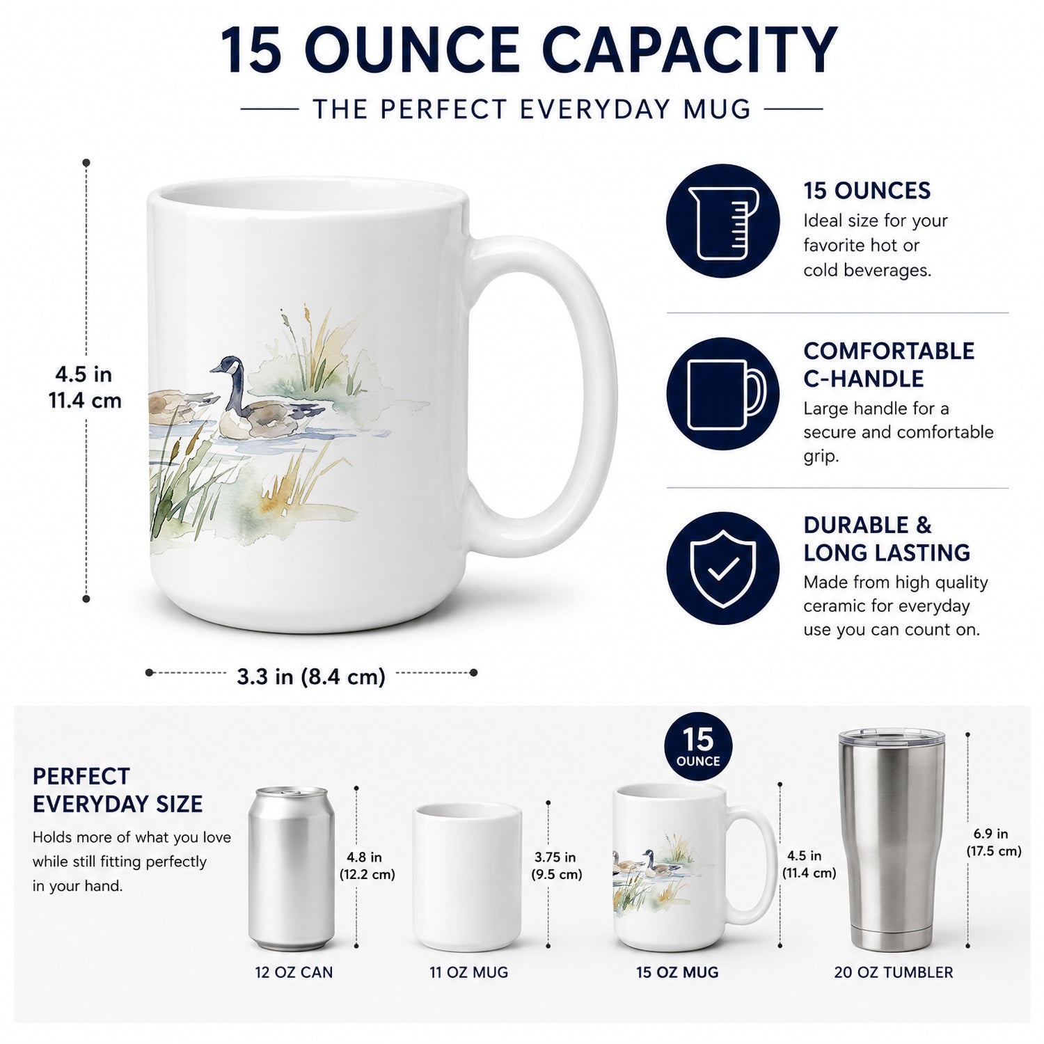 Lakeside Geese Ceramic Coffee Mug 15 oz Decorative Large C Handle Mug Cup for Tea, Cocoa Hot Chocolate