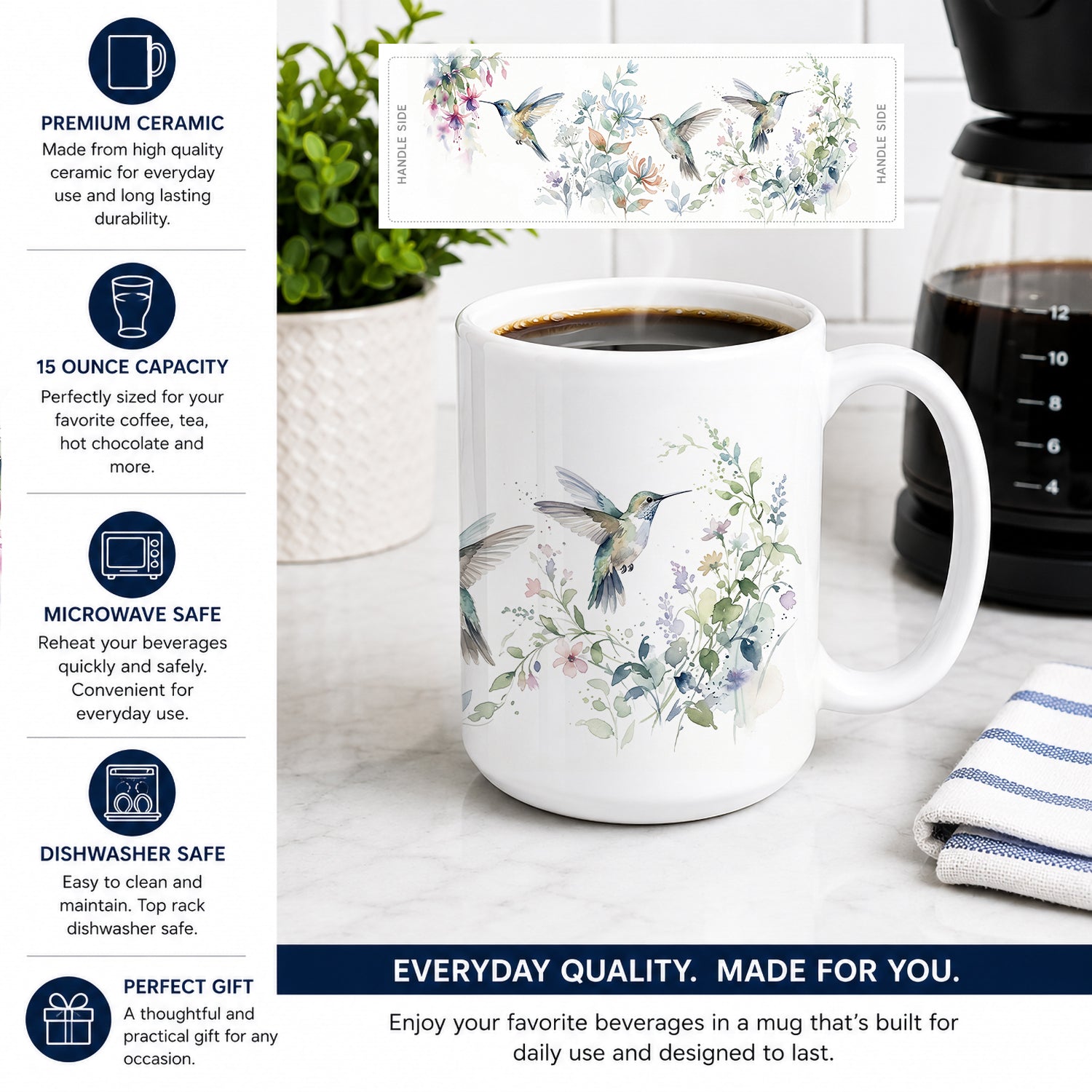 Hummingbirds in Bloom Ceramic Coffee Mug 15 oz Decorative Large C Handle Mug Cup for Tea, Cocoa Hot Chocolate
