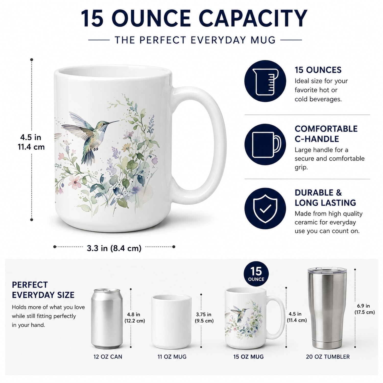 Hummingbirds in Bloom Ceramic Coffee Mug 15 oz Decorative Large C Handle Mug Cup for Tea, Cocoa Hot Chocolate